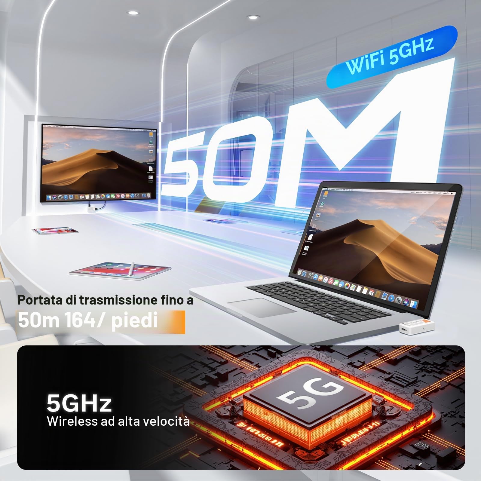 Lemorele Trasmettitore USB C Wireless e Ricevitore HDMI, Trasmissione HDMI 5G 50m Plug & Play per Streaming di File, Video e Audio a Monitor/Proiettore