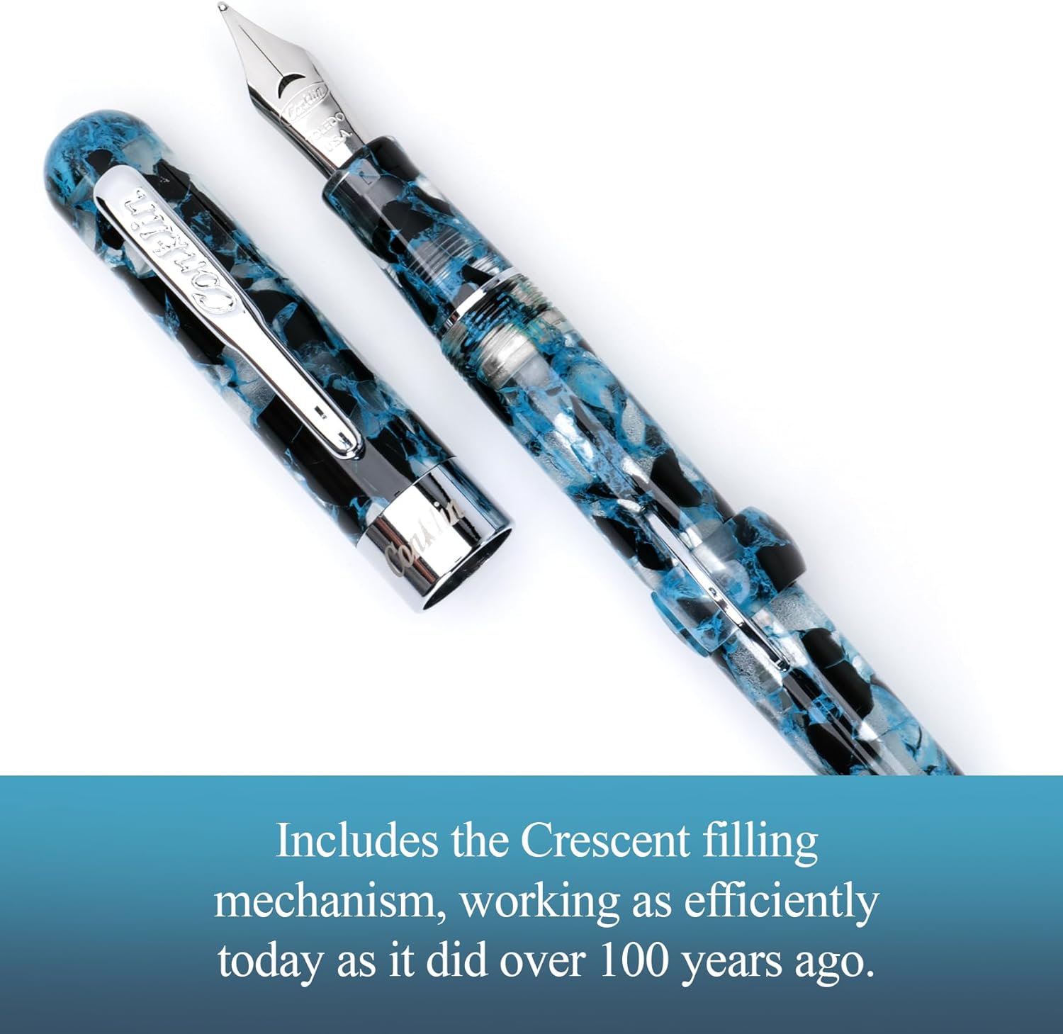 conklin mark twain crescent filler fountain pen - blue array with chrome trim - fine nib - luxury writing instrument