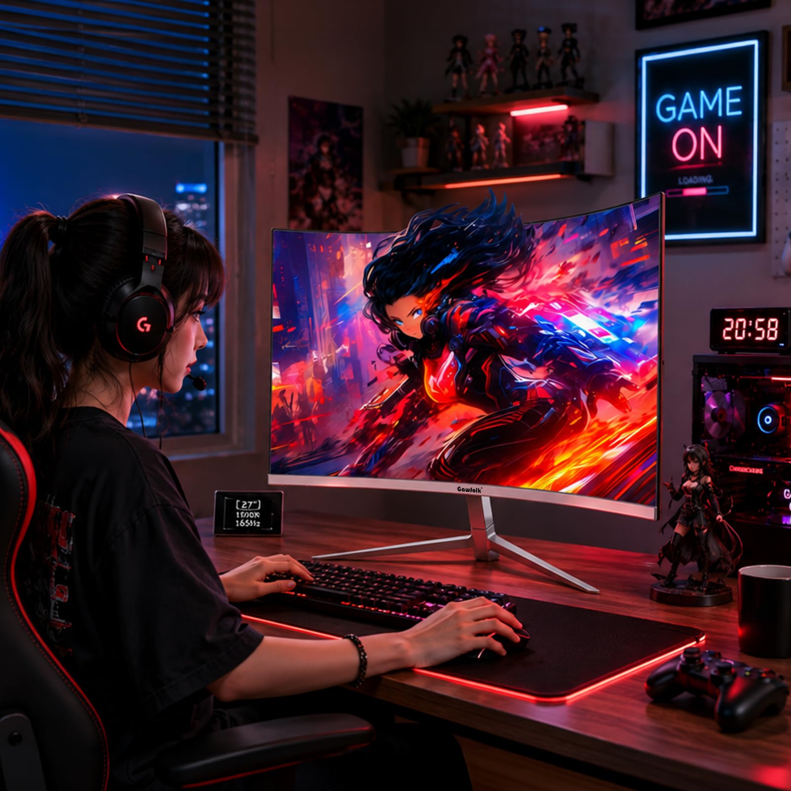 Gawfolk 27 Zoll Curved Gaming Monitor 200Hz, 1800R Full HD PC Bildschirm mit Lautsprecher, 1920x1080p Computermonitors for Home & Office, HDMI, VGA, unterstützt VESA 100 * 100MM