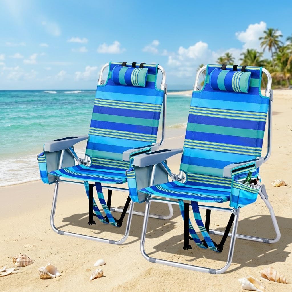 16" Tall Beach Chairs for Adults,2-Pack Lightweight Backpack Chair with 5-Position,Cooler Bag,Cup Holder,Towel Rack，Suitable for Camping Pool Patio Lawn Outdoor Travel