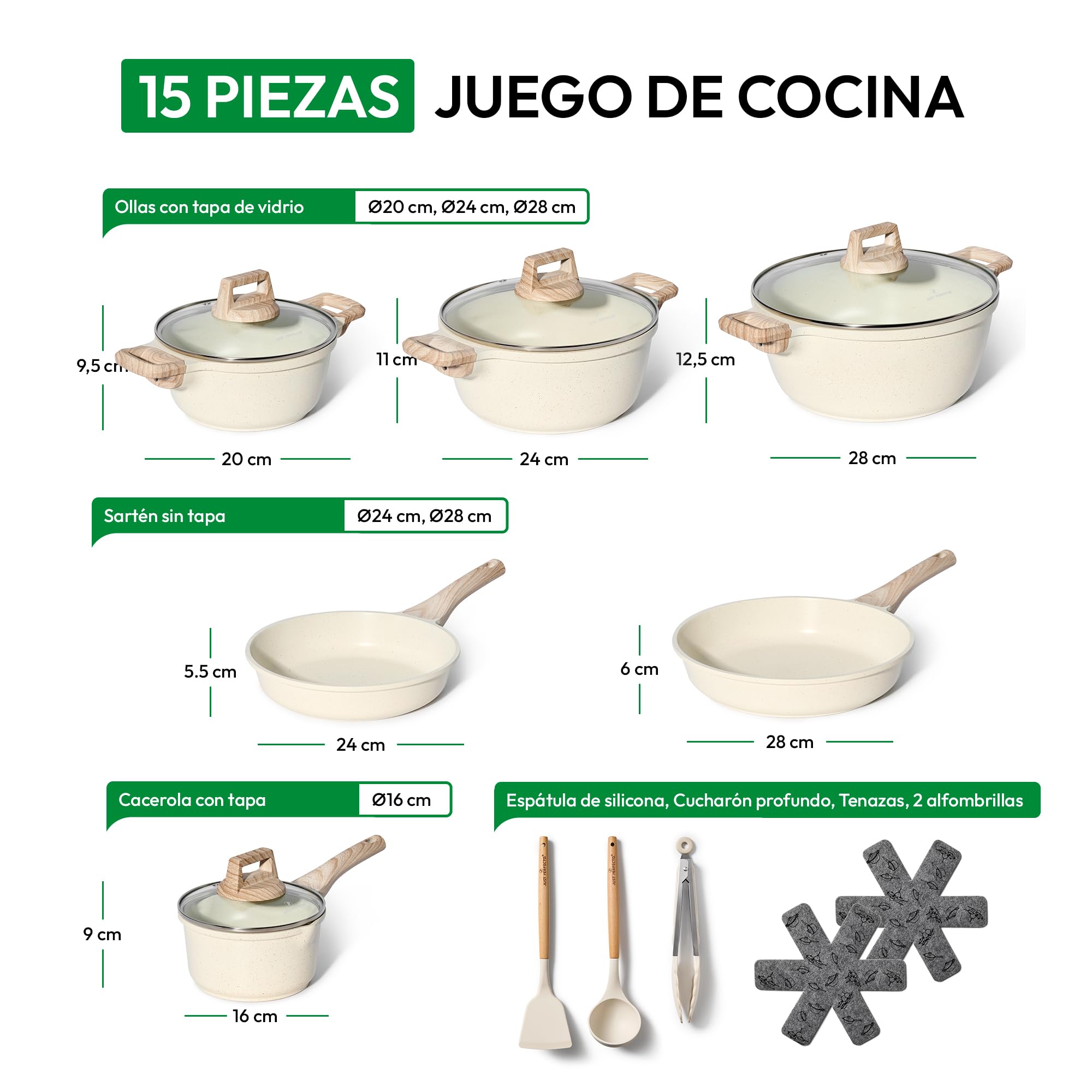 JUST PERFECTO Bateria de Cocina Induccion y Sartenes Antiadherentes, Ollas 28cm, Sartenes 24cm 28cm, Cacerolas libre de PTFE y PFOA (15 piezas beige)