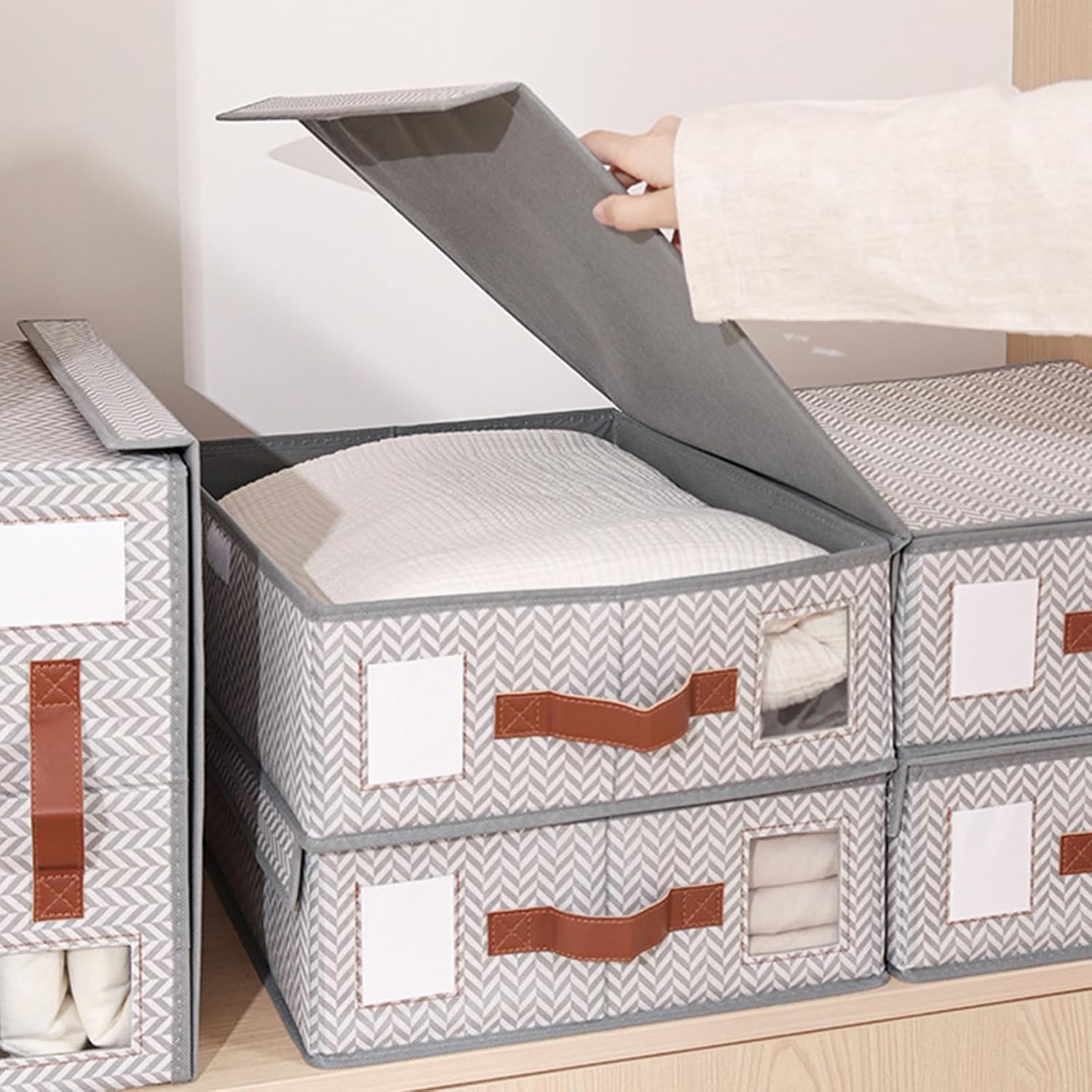 Large Capacity Nonwoven Fabric Bedding Organiser with Removable Lid and Transparency Window for Pillowcases Underwear Storage Organiser Box