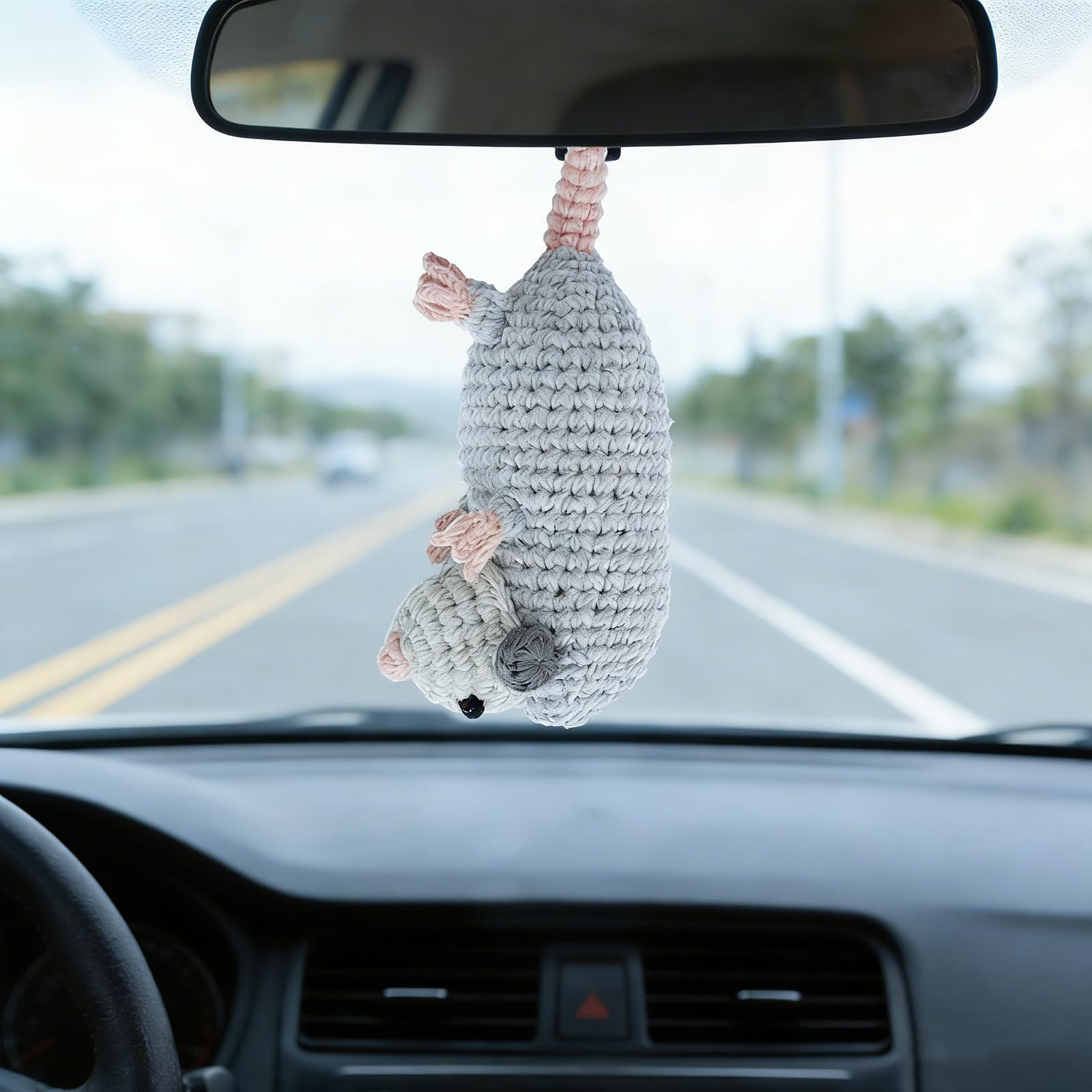 Crochet Possum Car Charm, Upside Down Opossum Ornament Gifts, Handmade Knitted 3D Possum Pendant for Rearview Mirror, Bag, Window, Tree Decoration