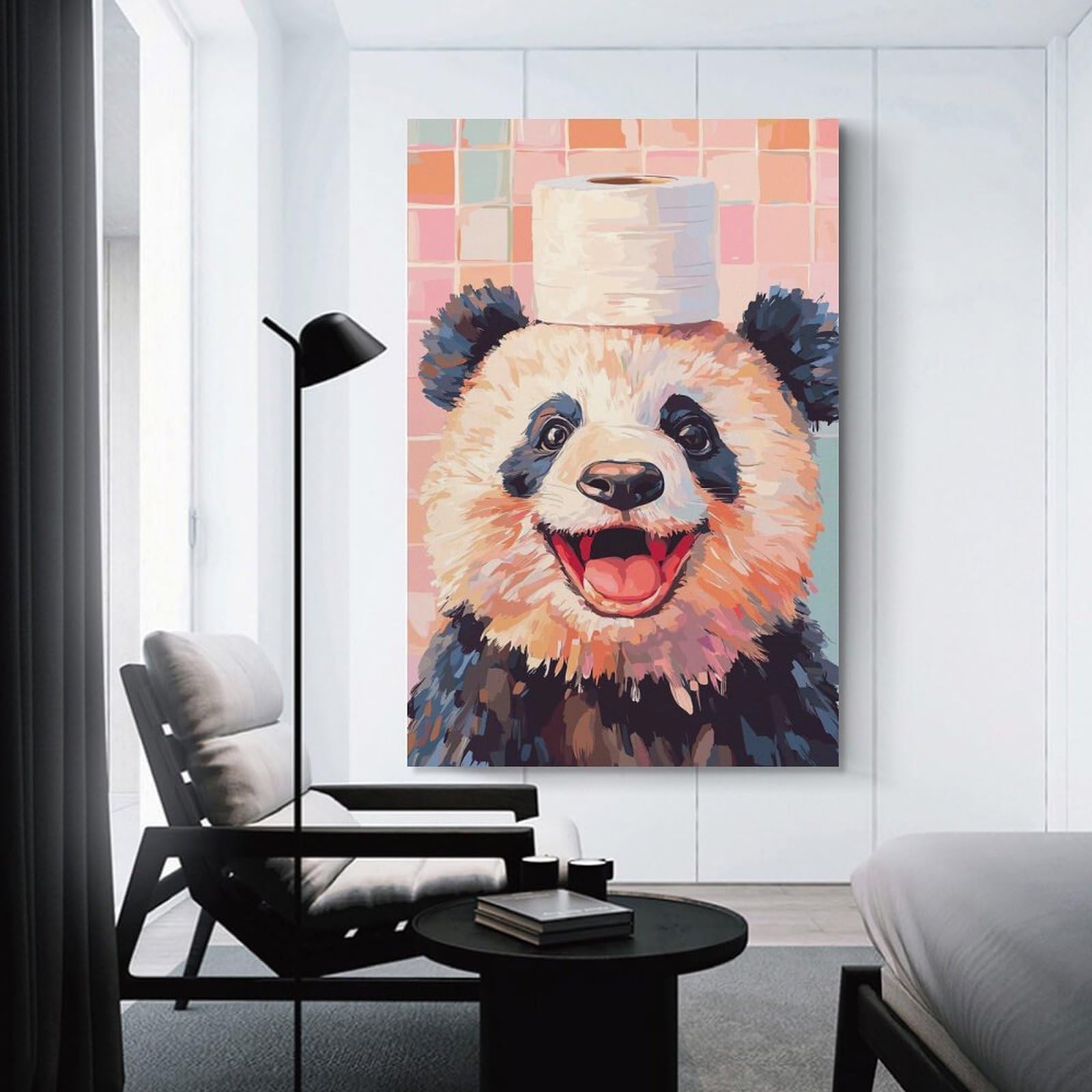 Junmoney Unframe-Style-7 Panda With Toilet Paper Hat Room Decor Wall Art 24X36inch(60X90cm), For Lounge Decor, Offices Or Entryway Styling, A Flexible Wall Accent For Shared Spaces