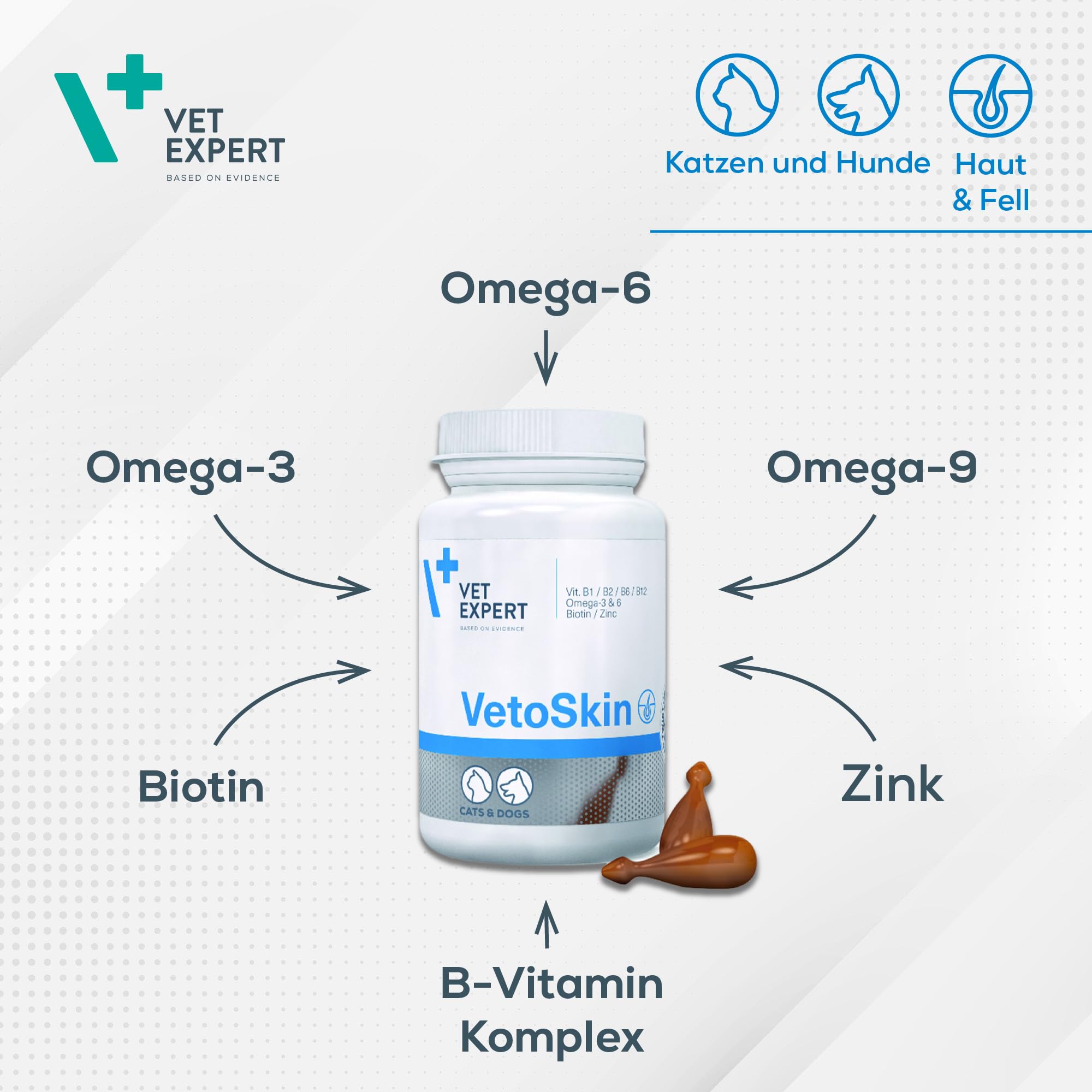 VETEXPERT VetoSkin | 90 Kapseln | Ergänzungsfuttermittel für Hunde & Katzen | Mit Omega-Fettsäuren & Biotin