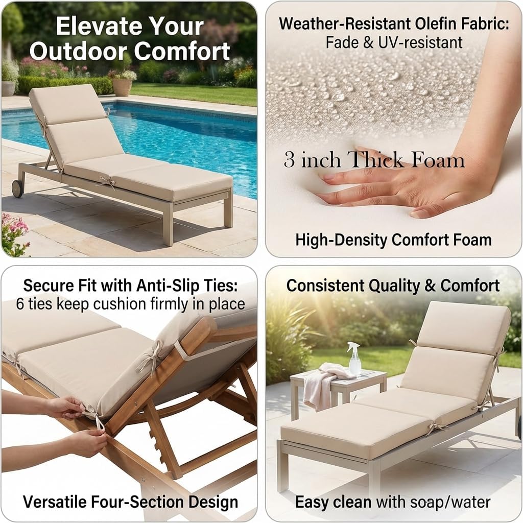 3" Solid Outdoor Lounge Chair Cushion, 74 x 22.5 inch Weather Resistant Chaise Lounge Cushion with 6 Ties for Patio Pool Furniture