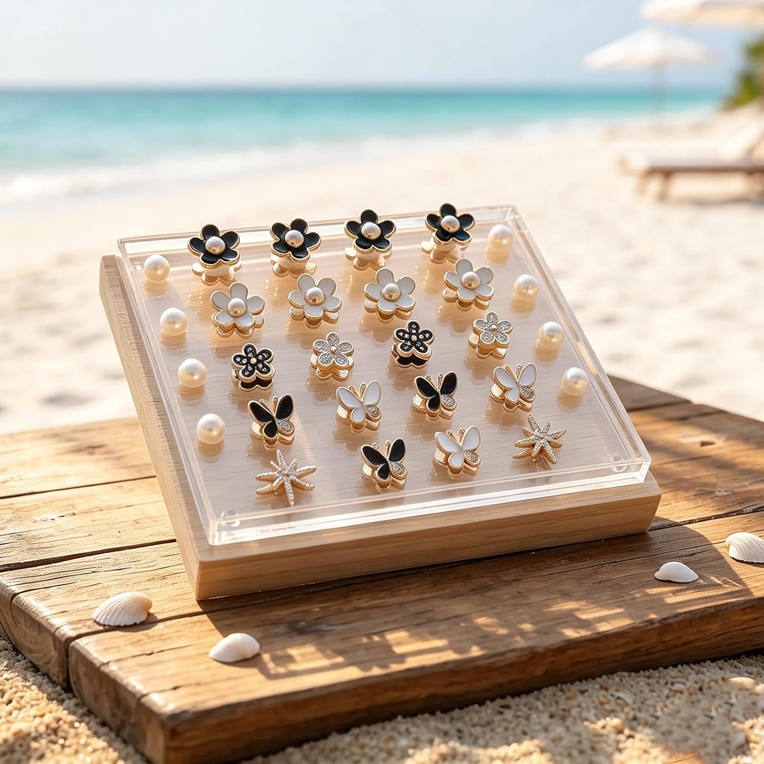 Flower Shoe Charms for Women Cute Black and White Butterfly Pearl Shoe Decorations