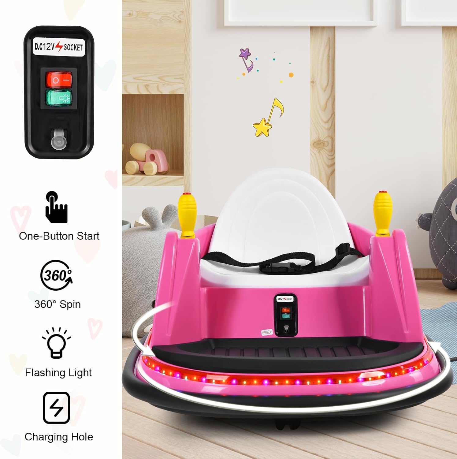 Costzon Bumper Car for Kids, 12V Electric Toddler Bumping Car with Remote Control, Dual Joysticks, 360 Spin, Music, Flashing Lights, Slow Star, Kids Bumper Car Ride on Toy for Boys Girls Gift (Pink)