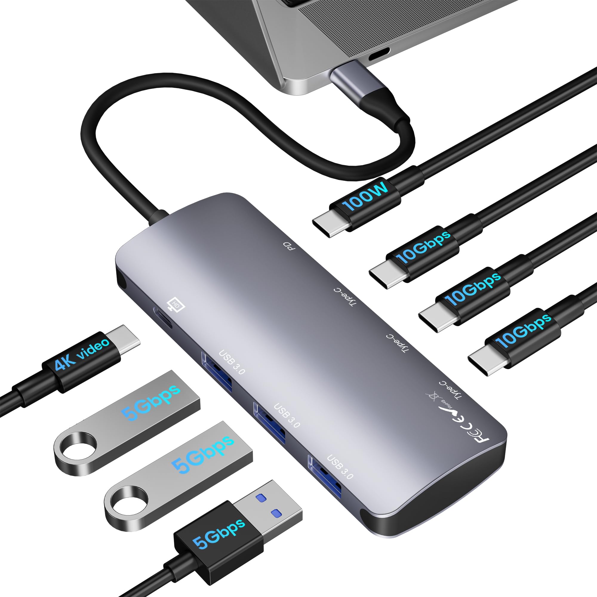 Hub USB C 8 in 1, splitter USB C con uscita video 4K a 60Hz 10Gbps, ricarica erogazione di potenza 100W, trasferimento dati, adattatore multiporta hub USB4