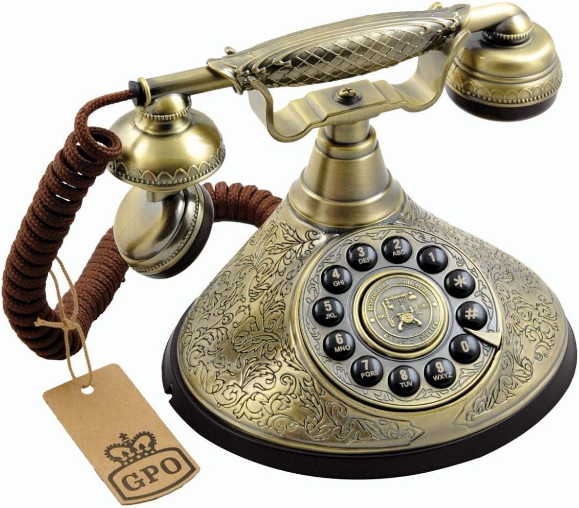 GPO Duchess Nostalgic Vintage Push-Button Telephone with Cloth Cord - Bronze Metal Finish, Black