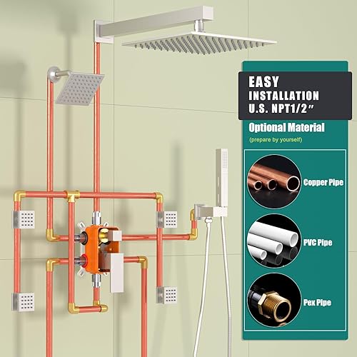 Miniatura 160 de Enga Sistema de ducha de lluvia de oro cepillado con chorros corporales, sistema de chorros de ducha de lluvia de 12 pulgadas, juego de grifo de Oro