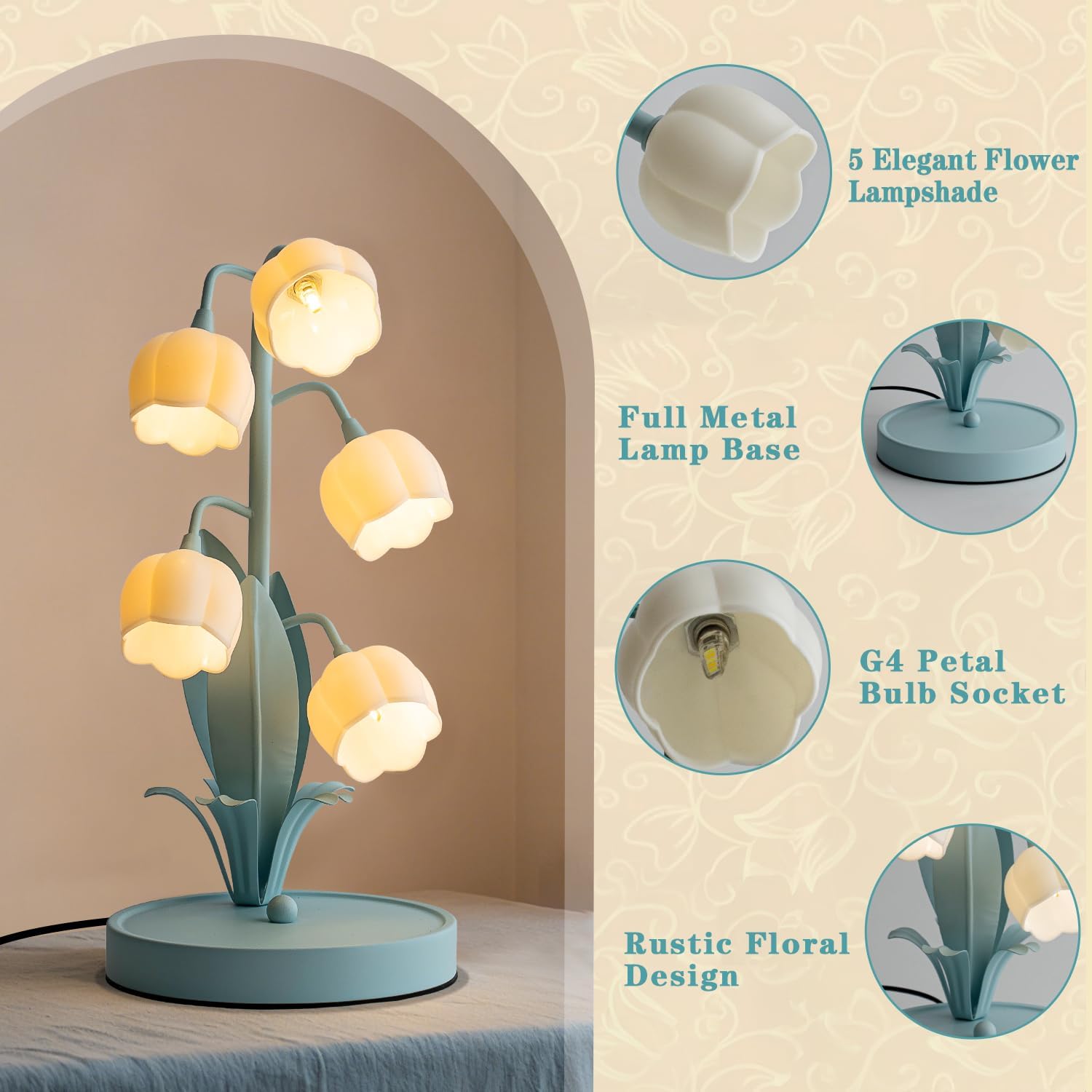 Flower Table Lamp, Lily of The Valley Lamp for Bedside Accent 3 Color Modes Cottagecore Soft Reading Night Light for Bedroom, Corner, Dorm, Entrance Home Vintage Decor (Powder Blue)