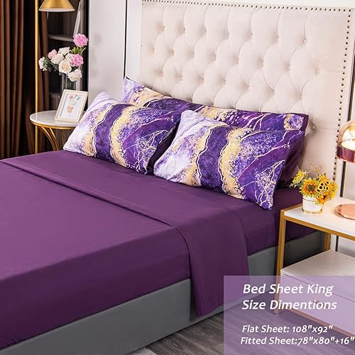 Miniatura 5 de PERFEMET Juego de edredón con estampado de mármol y acuarela, juego de ropa de cama de teñido anudado morado, tamaño King, estampado 3D, ropa de