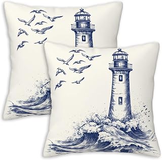 Lighthouse Throw Pillow Covers 18x18 Set of 2 | Nautical Coastal Decorative Cushion Covers for Beach House or Ocean-Themed Living Room | Seaside Home Decor Pillowcases