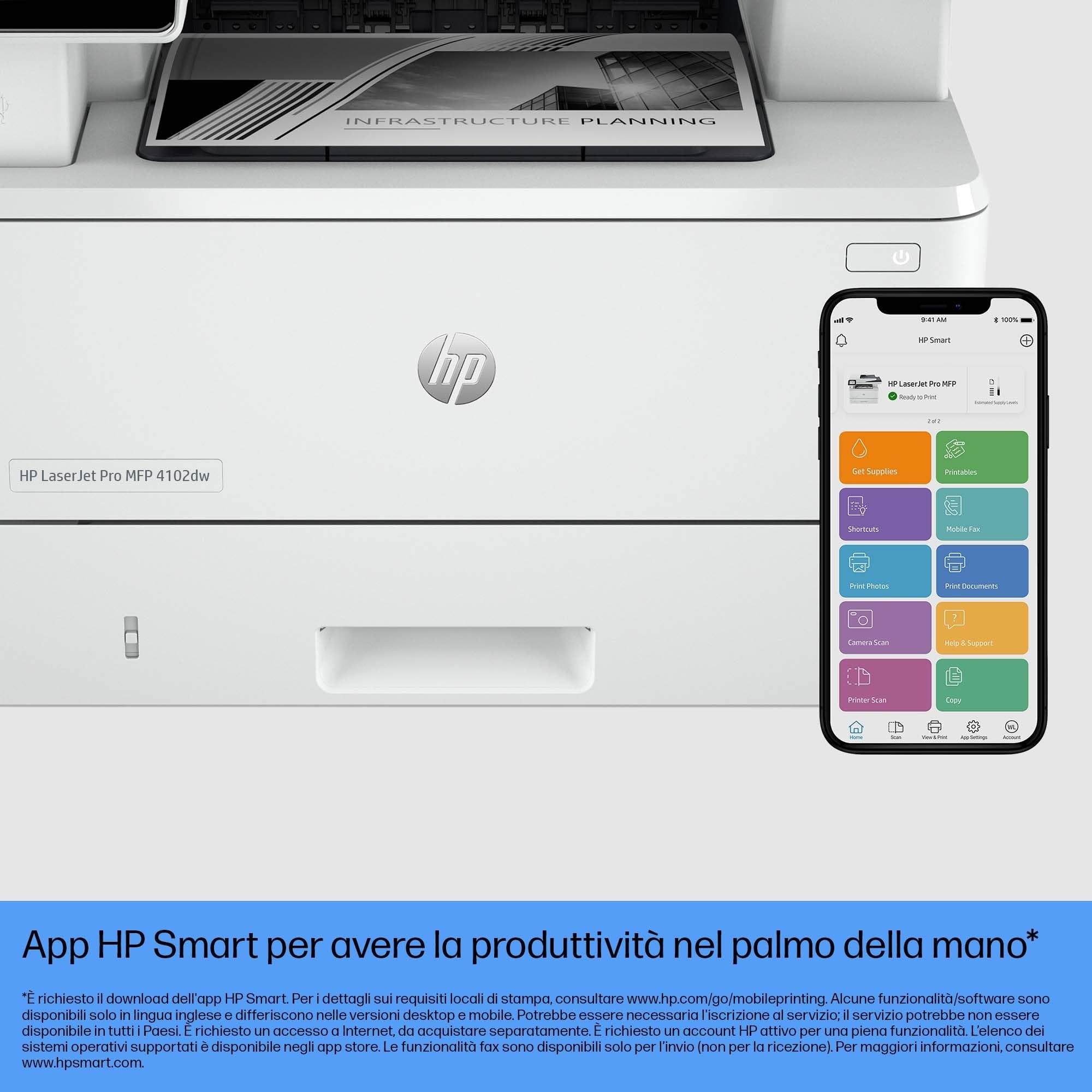HP Laserjet Pro MFP 4102dw Stampante Multifunzione A4, Stampa Fronte e Retro Automatico, 42 ppm, Wi-Fi, Ethernet, Bianca