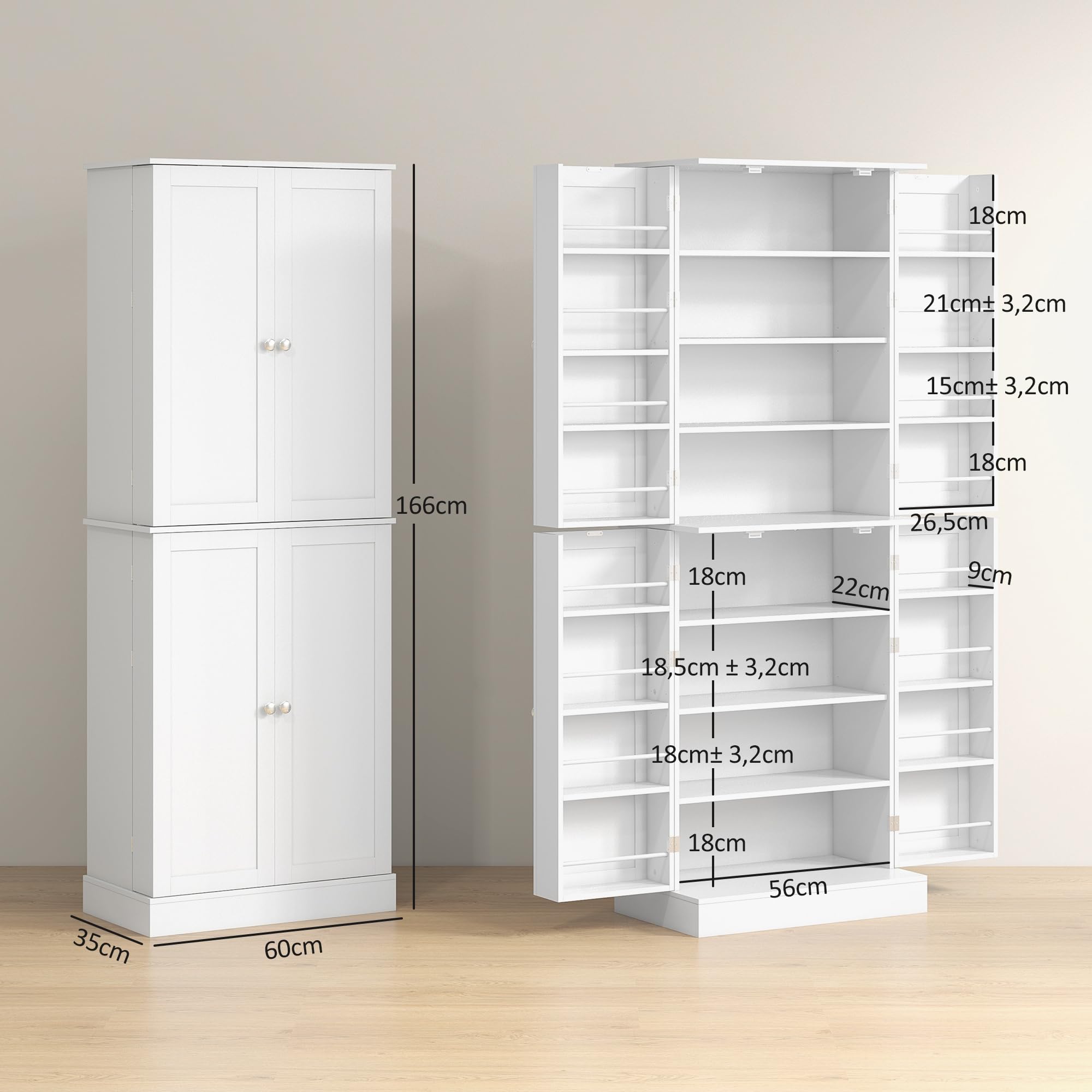HOMCOM Küchenschrank, Sideboard, Küche, Geschirr, Aufbewahrungsschrank, moderner Stil, mit Schränken, verstellbarem Regal und Gewürzhalter, für Esszimmer, Wohnzimmer, 60 x 35 x 166 cm, Weiß