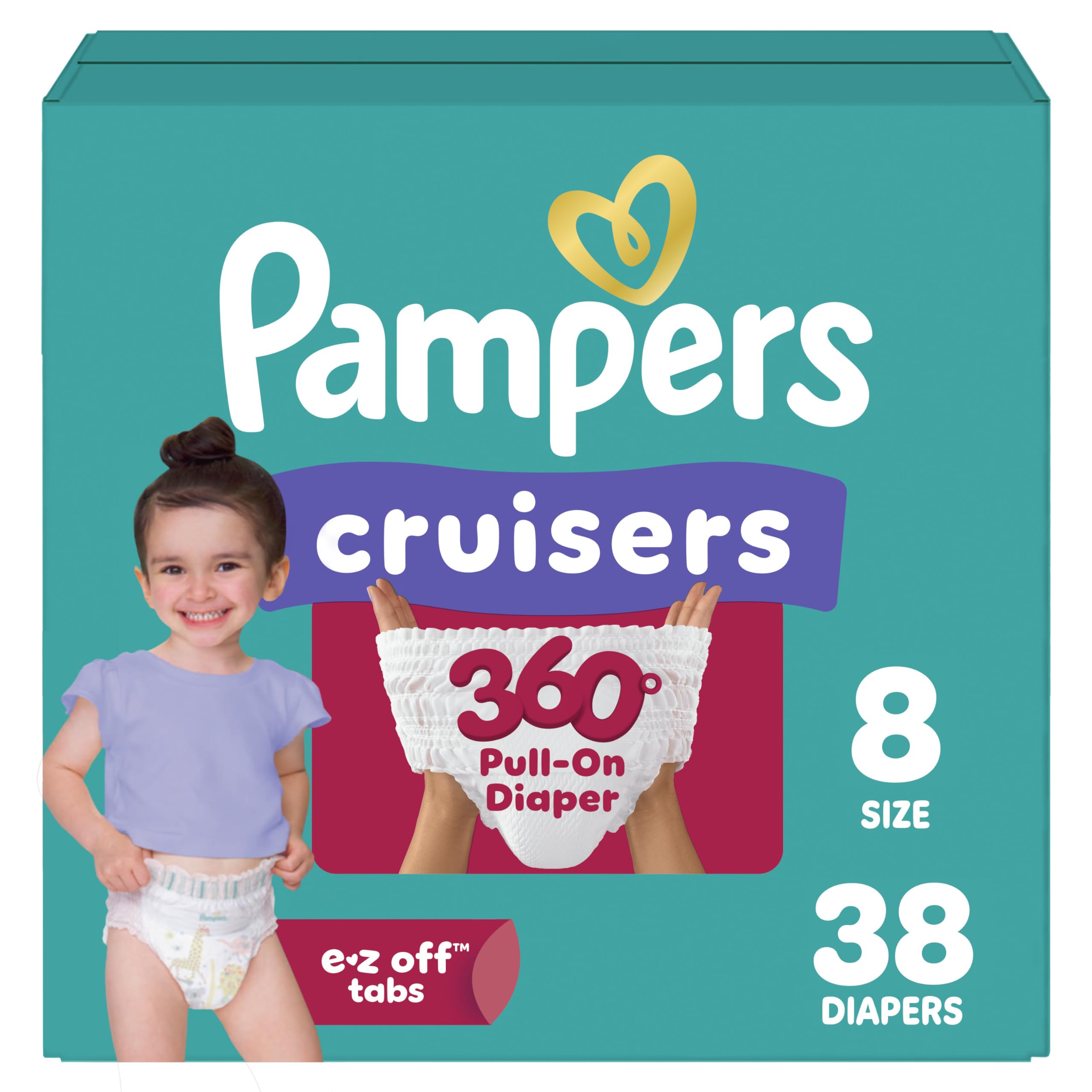 Pampers Diapers - Cruisers 360° - Size 8, 38 Count, up to 100% Leakproof Fit, Designed for Active Babies, Pull On Diaper
