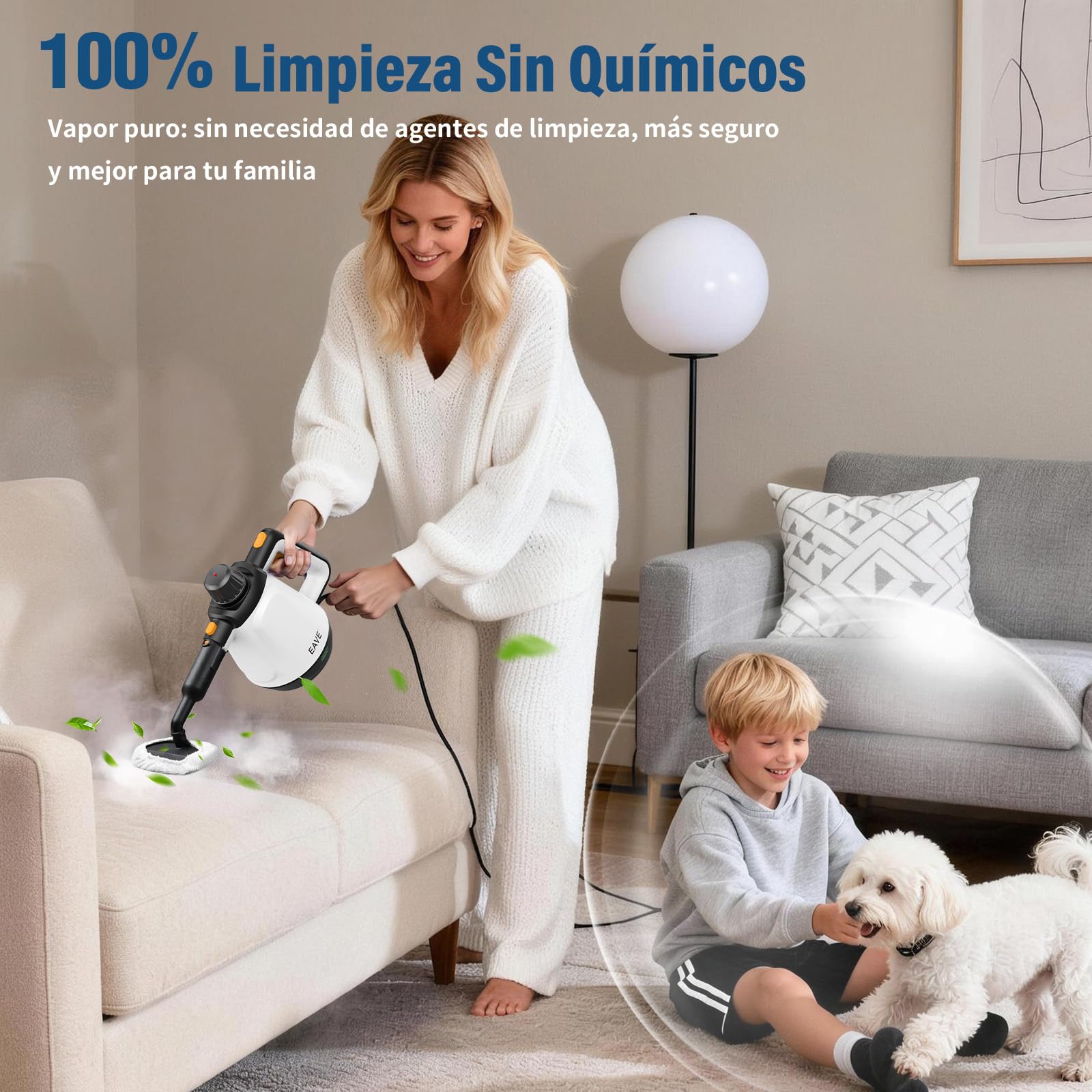 Vaporeta de Mano, 110℃ Limpiador a Vapor para una Limpieza Eficiente, Versátil Vaporeta con 10 Accesorios y Cable de 5m, Steam Cleaner para Sofás, Alfombras, Juntas, Limpieza sin Químicos (Blanco) — view 3