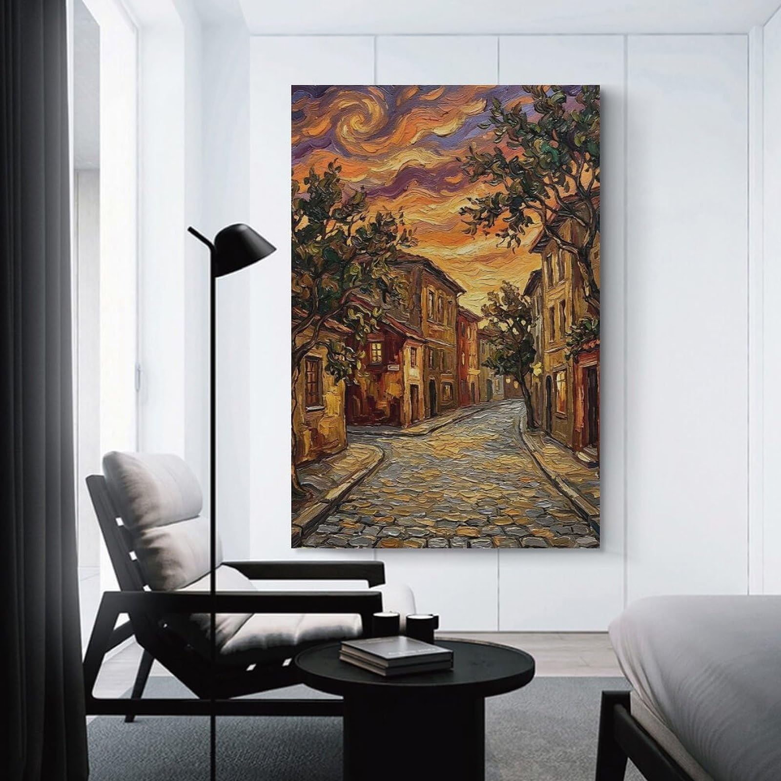 Junmoney Impressionist Street Scene at Sunset Decorative Wall Artwork, 08x12inch(20x30cm), for Home Lounge, Bedroom Or Reading Nook, Easy Decor for Gallery Walls