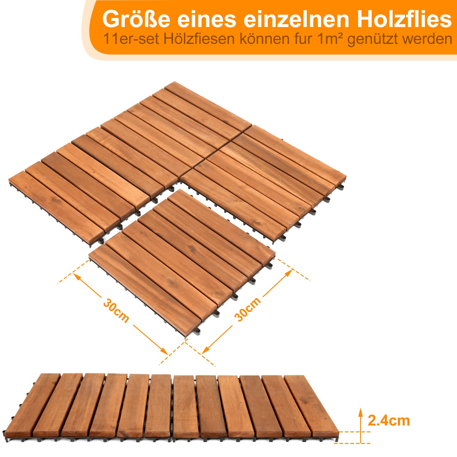 Piastrelle in legno, 55 pezzi, in legno di acacia, 30 x 30 cm, 11 piastrelle per 1 m², per esterni, interni, balcone, con sistema di drenaggio e fissaggio a incastro, marrone