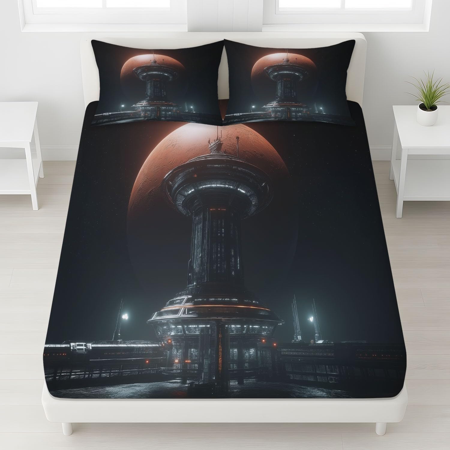 Technology King Size Fitted Sheets Space Bed Sheets Deep Pocket 12 inch (30 cm) Soft Cozy 3 Piece Microfibre Bed Sheet 150x200 cm with 2 Pillowcases 50x75 cm