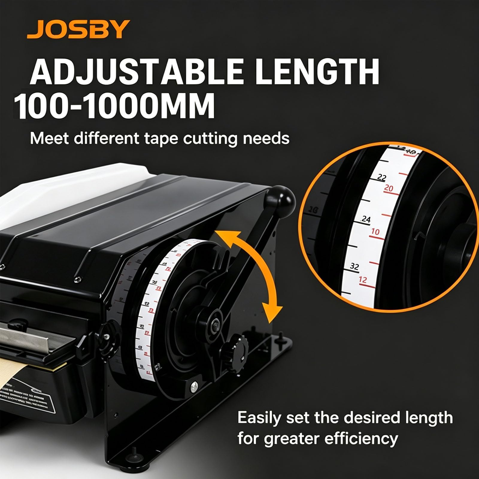 JOSBY Macchina Manuale per Nastro Adesivo in Carta Kraft Umida, Lunghezza Regolabile da 100 A 1000 Mm, Larghezza da 20 A 100 Mm, Corpo Interamente in Metallo Rinforzato, Ideale per Imballaggio