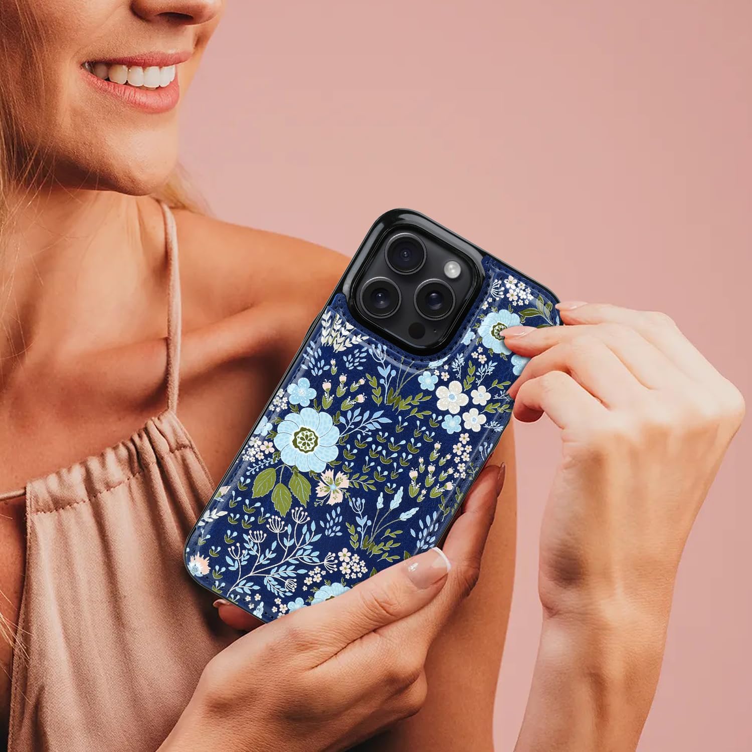 uCOLOR for iPhone 15 Pro Max 6.7" Wallet Case Magsafe with Card Holder Slot【Compatible with MagSafe】 Folio Flip PU Leather Double Magnetic RFID Design (Navy Blue Flowers)