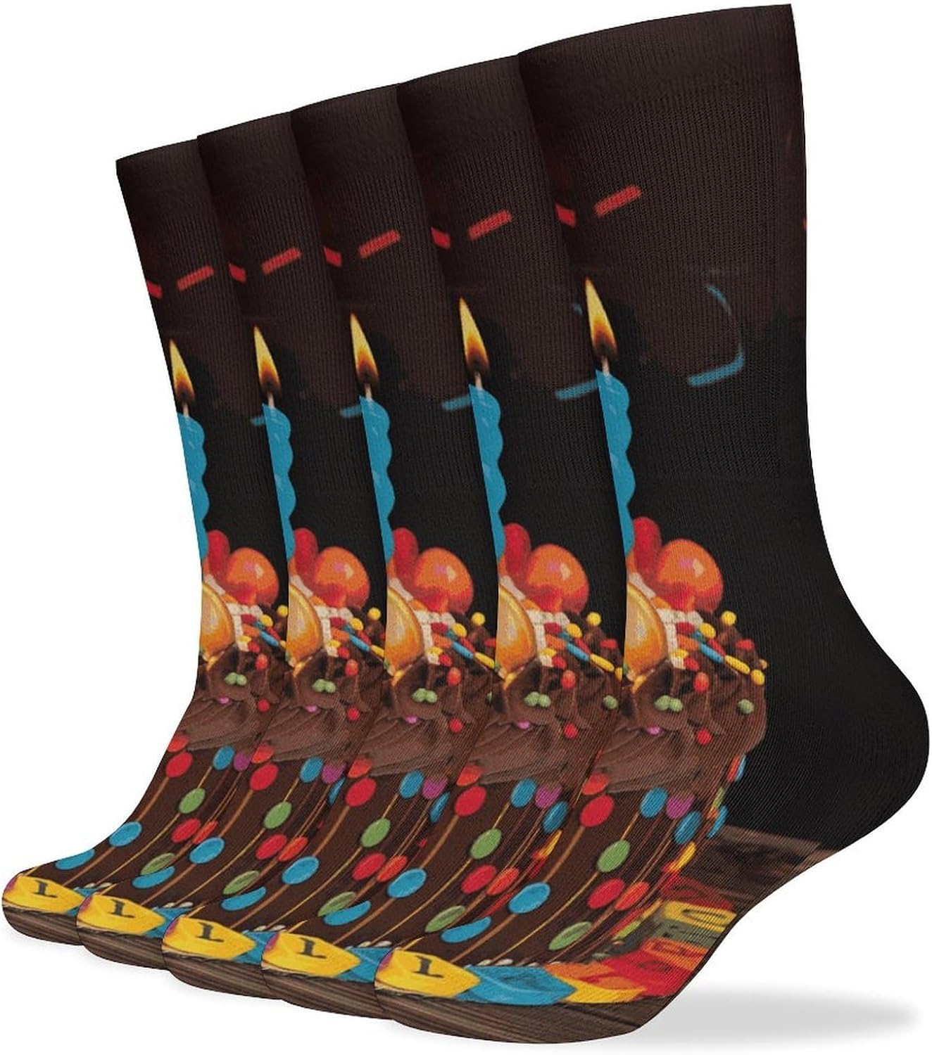 Happy Birthday Big Cake Crew Socks Cozy Casual Calf Socks Lightweight Long Work Sock Breathable Athletic Sock for Hiking Sports Running 5 Pairs