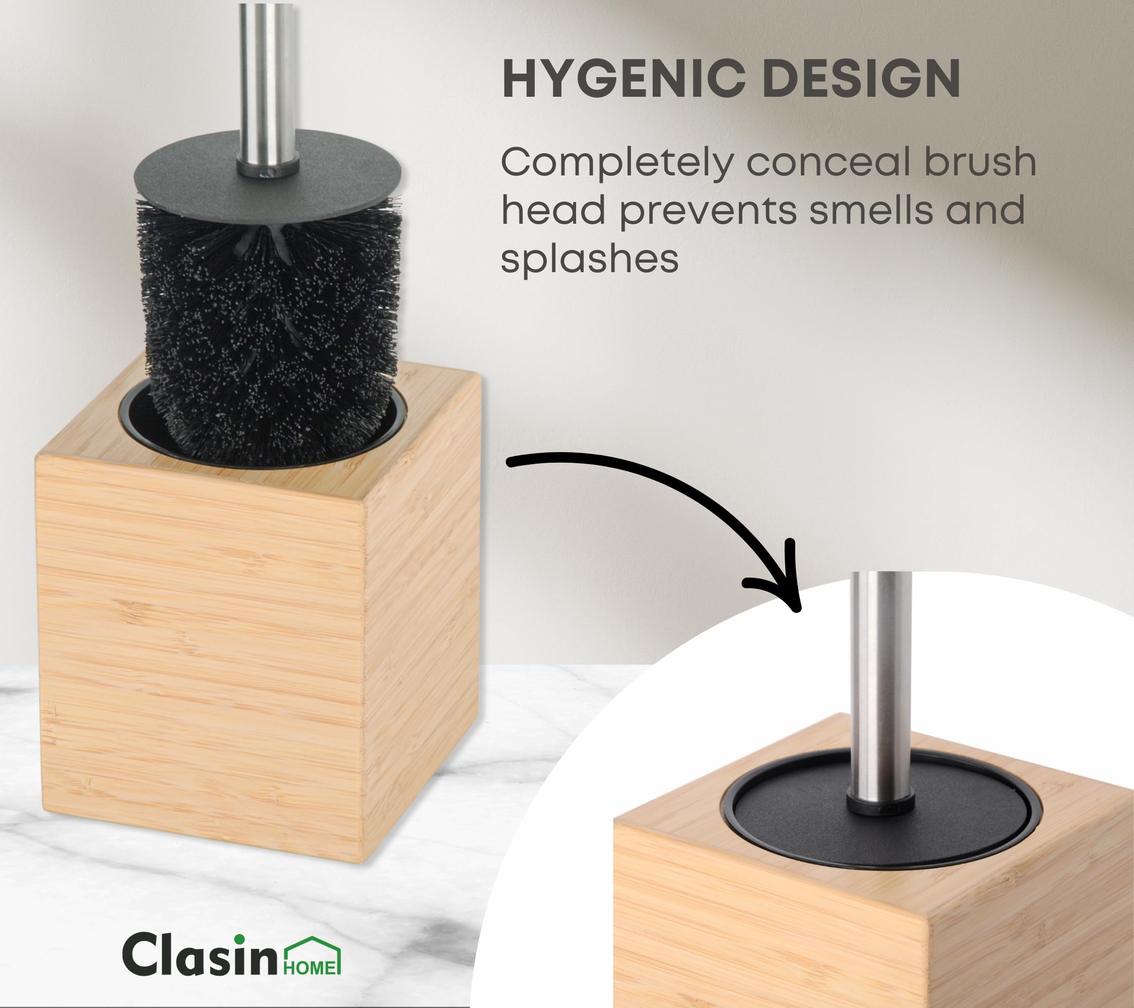 Clasin Home Soporte para escobilla de inodoro con bambú y acero inoxidable para un uso duradero, cepillo de limpieza de inodoro con mango largo para una fácil limpieza profunda, juego de cepillos de