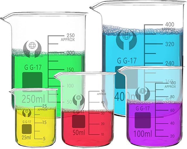 Glass Beaker Set Graduated Measuring Glass Beaker 5 Sizes 25ml 50ml 100ml 250ml 400ml Volumetric Laboratory Glassware