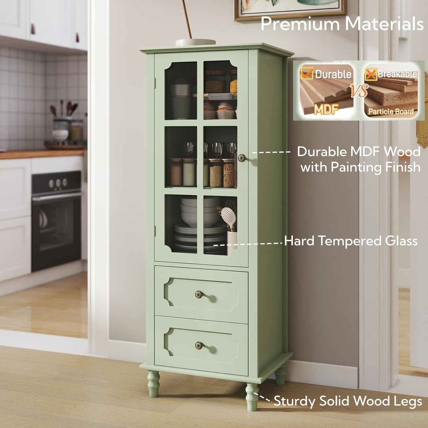 Minimalism Buffet Cabinet with Glass Doors and Double Drawer, Modern Wooden Storage Sideboard Cupboard for Living Room, Dining Room Hallway Entryway (Mint Green)