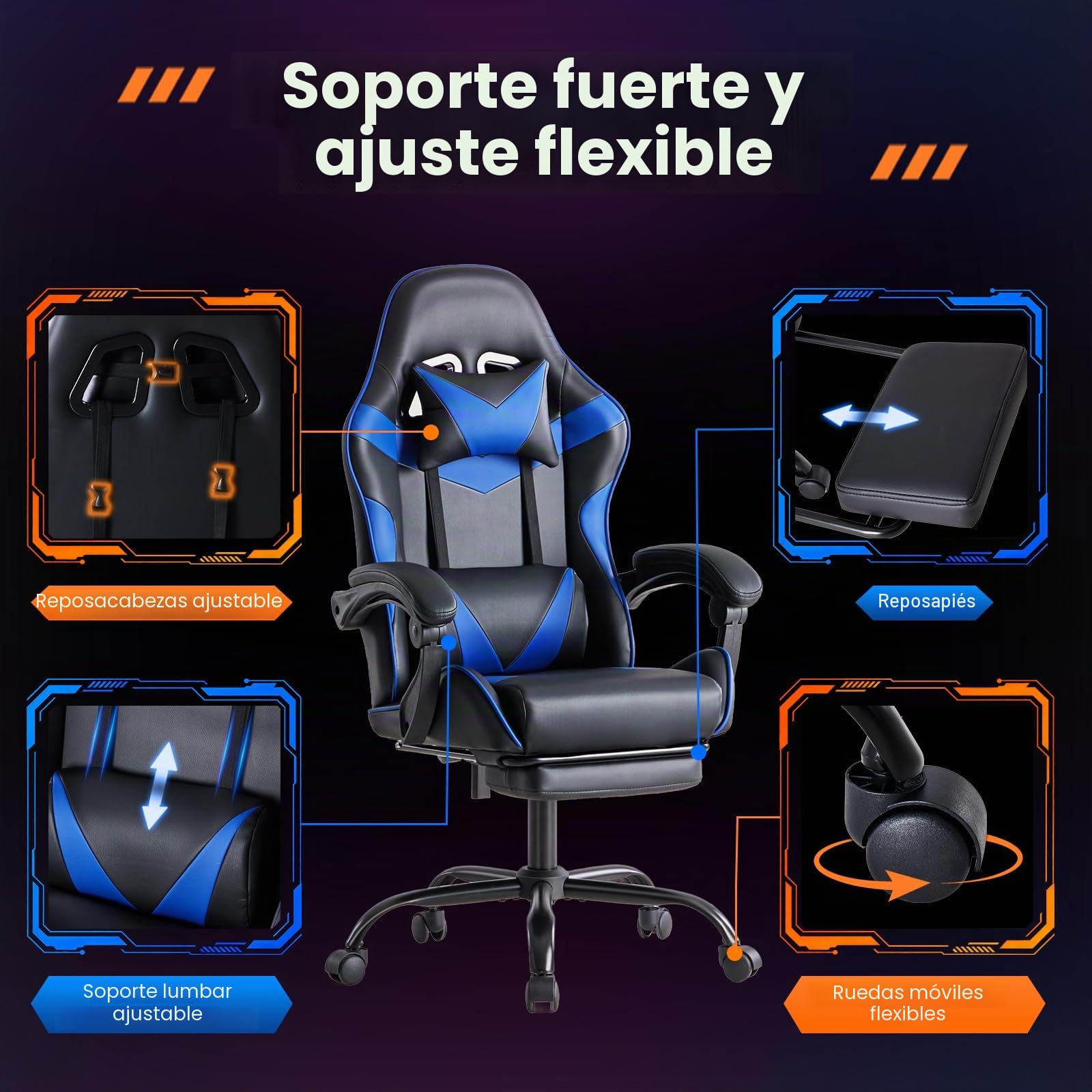 Sweetcrispy Silla de Gaming, Silla de Juegos con reposapiés, Soporte Lumbar, Silla ergonómica de PC, Silla de Oficina Ajustable en Altura, Silla de Ordenador, Silla de Escritorio giratoria, Azul