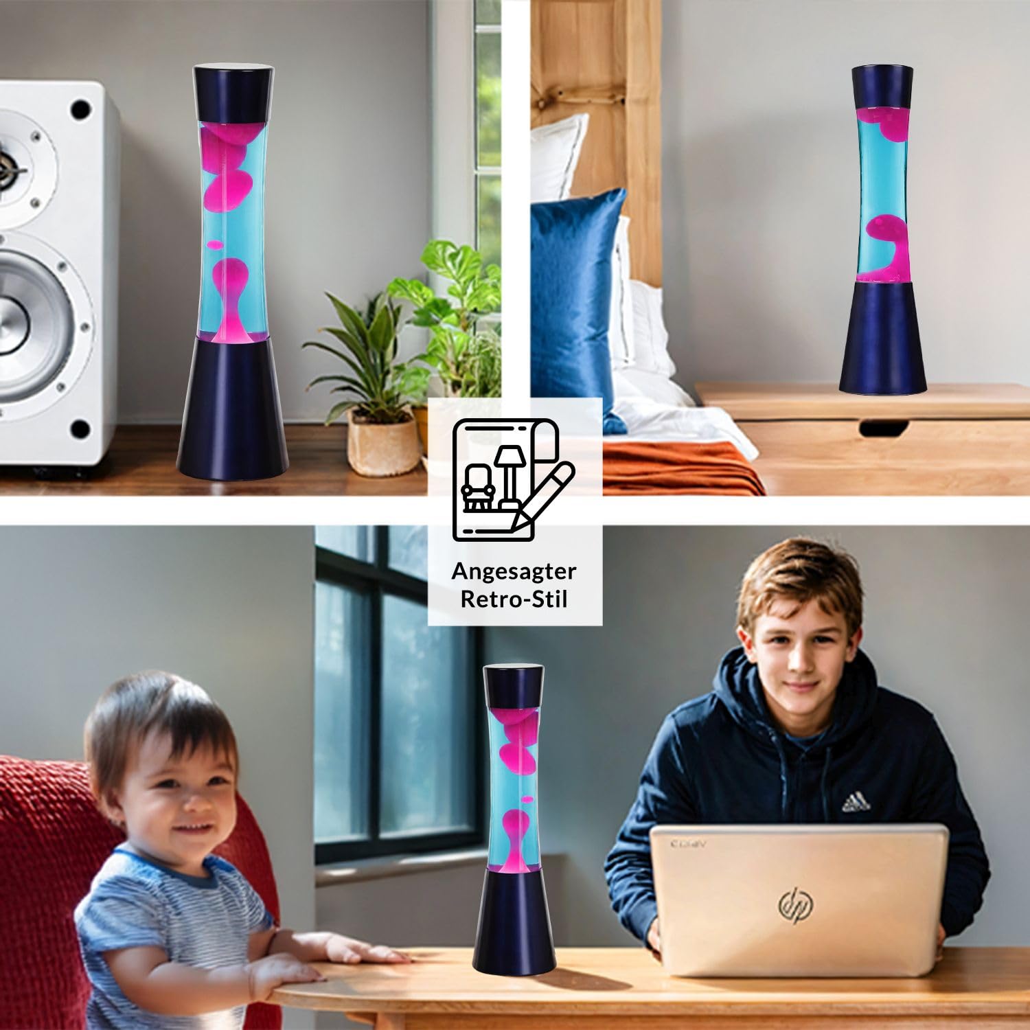 Licht-Erlebnisse Lavalampe Blau Pink, Dekolampe, Retro lampe, Geschenkidee Weihnachten, G9 30 W mit Kabelschalter, inklusive Leuchtmittel, beruhigend, Lavalampe groß