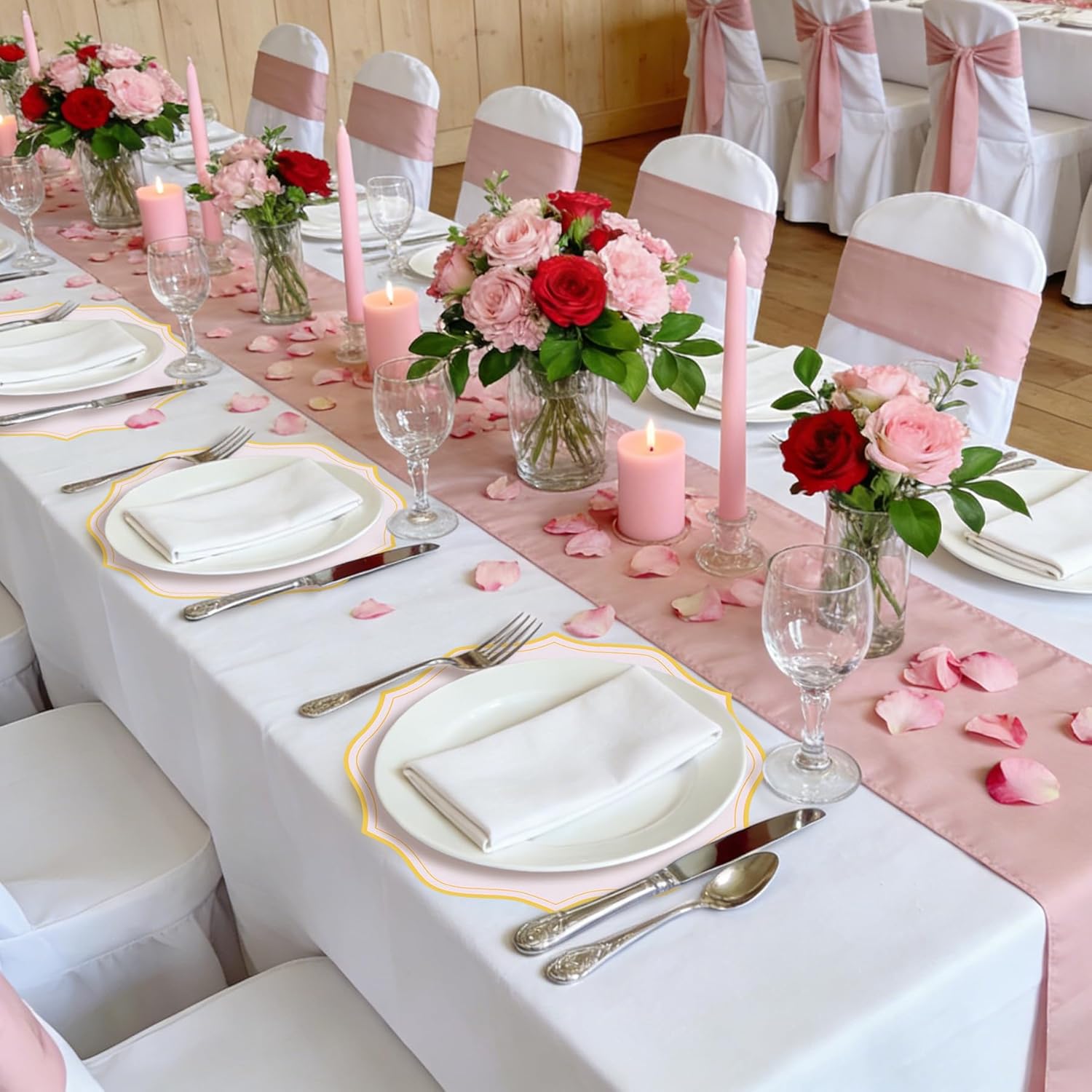 100 Pcs Pink Round Paper Placemats 13.5 Inch Disposable Paper Placemats with Wavy Gold Edged Elegant Scalloped Decorative Table Mat for Wedding Party Baby Shower Banquet Holiday Dining Table Decor