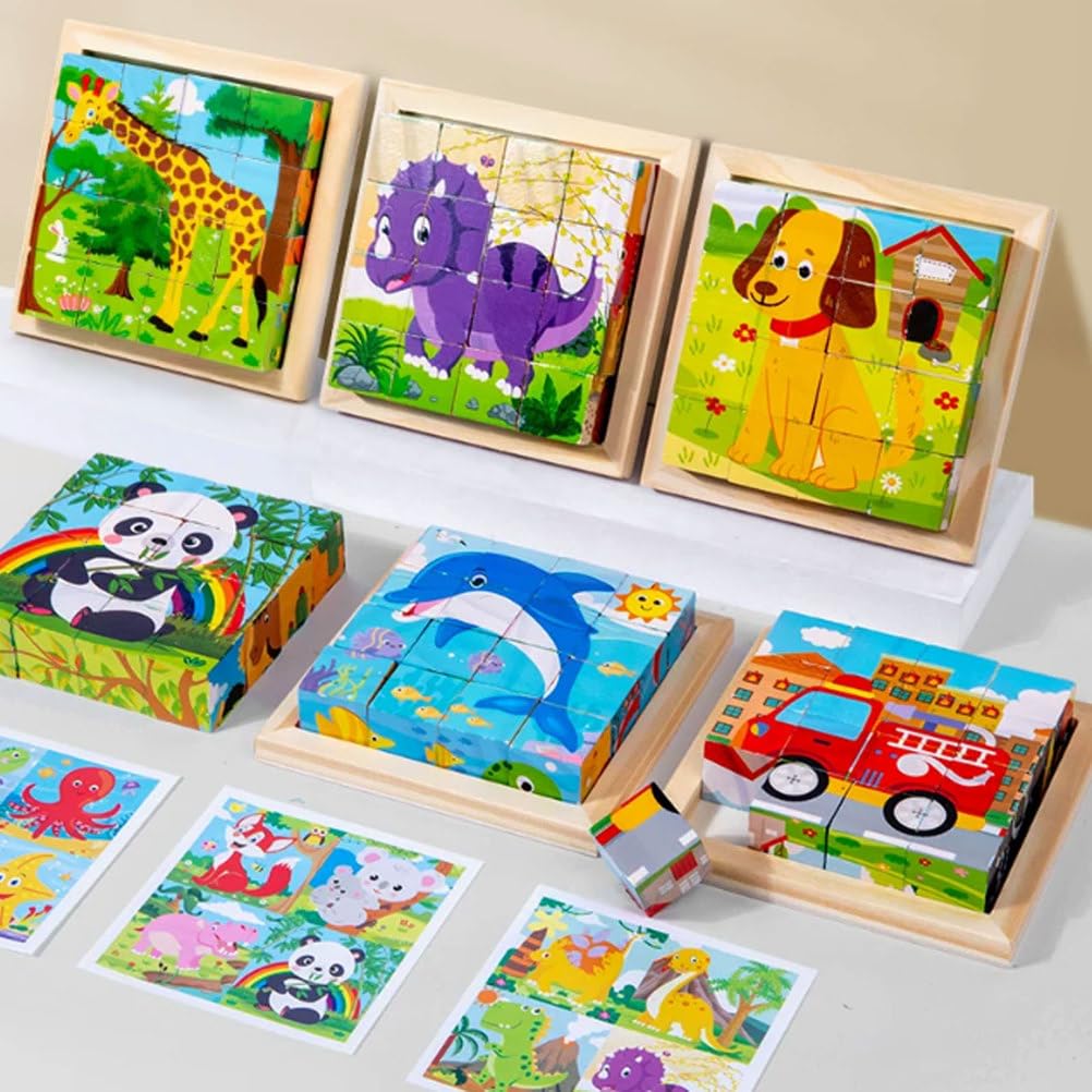 Montessori Holz 6-seitige Block-Puzzles | Frühlernspielzeug, Tier-Weltraum-Dino-Ozean-Themen-Zuordnungsspiel, Feinmotorik