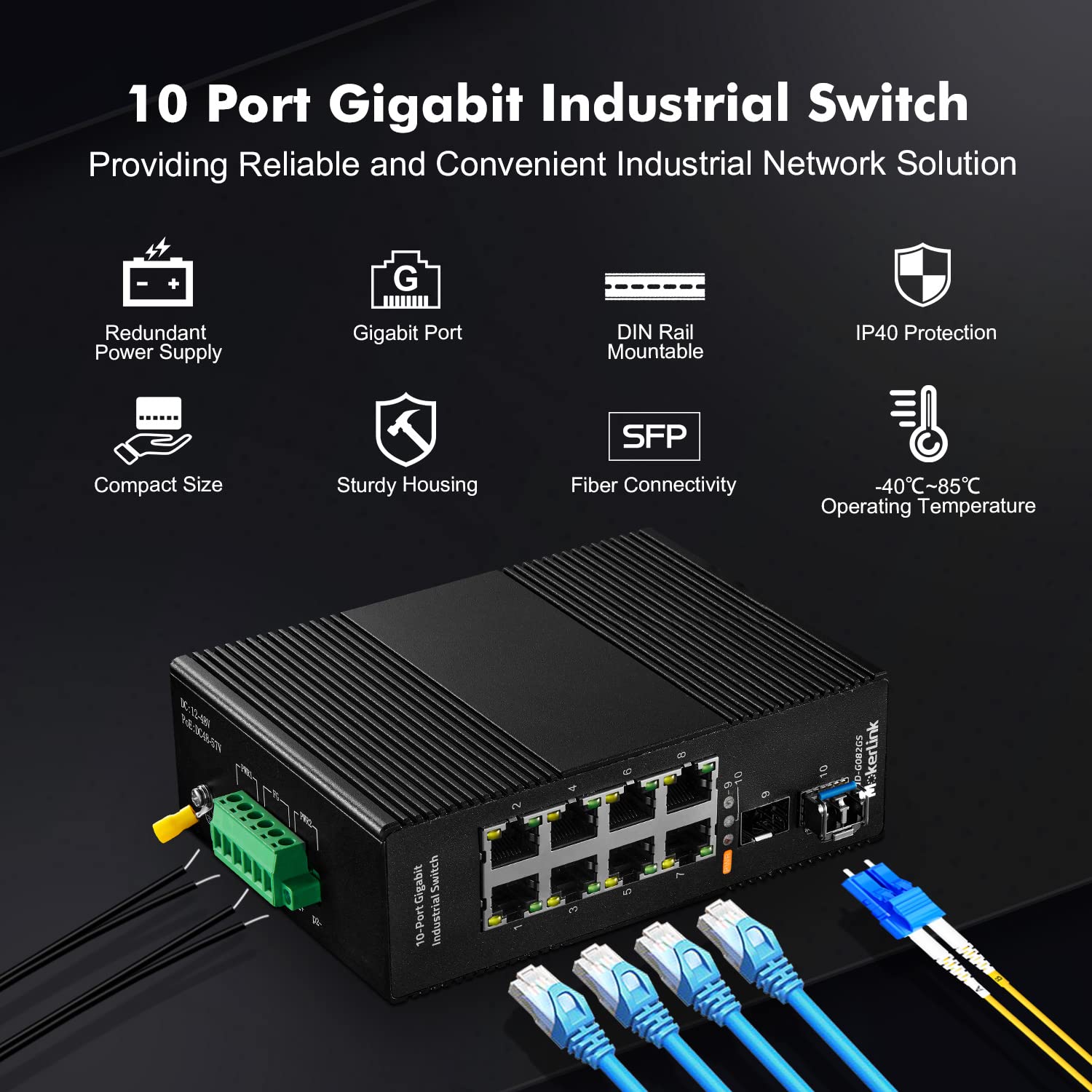 MokerLink Commutateur Ethernet 8 Ports Gigabit Industriel DIN chienen 2 Ports SFP avec 1 Module LC 20 KM, commutateur réseau IP40 Non géré (-40 à 185 °F), avec Bloc d'alimentation