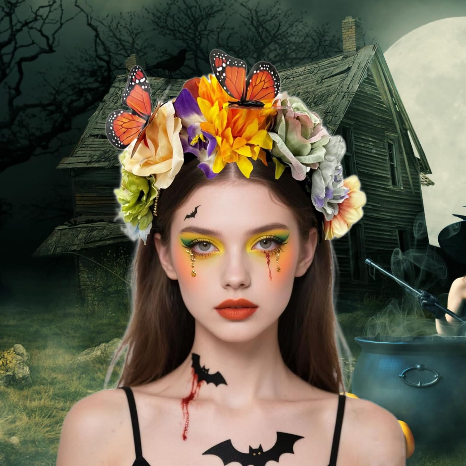 Butterfly Flower Headband Mexican Rose Crown Hair Accessories For Women Bridal Wedding Party Headdress Decoration (Yellow Green, One size) - Image 2