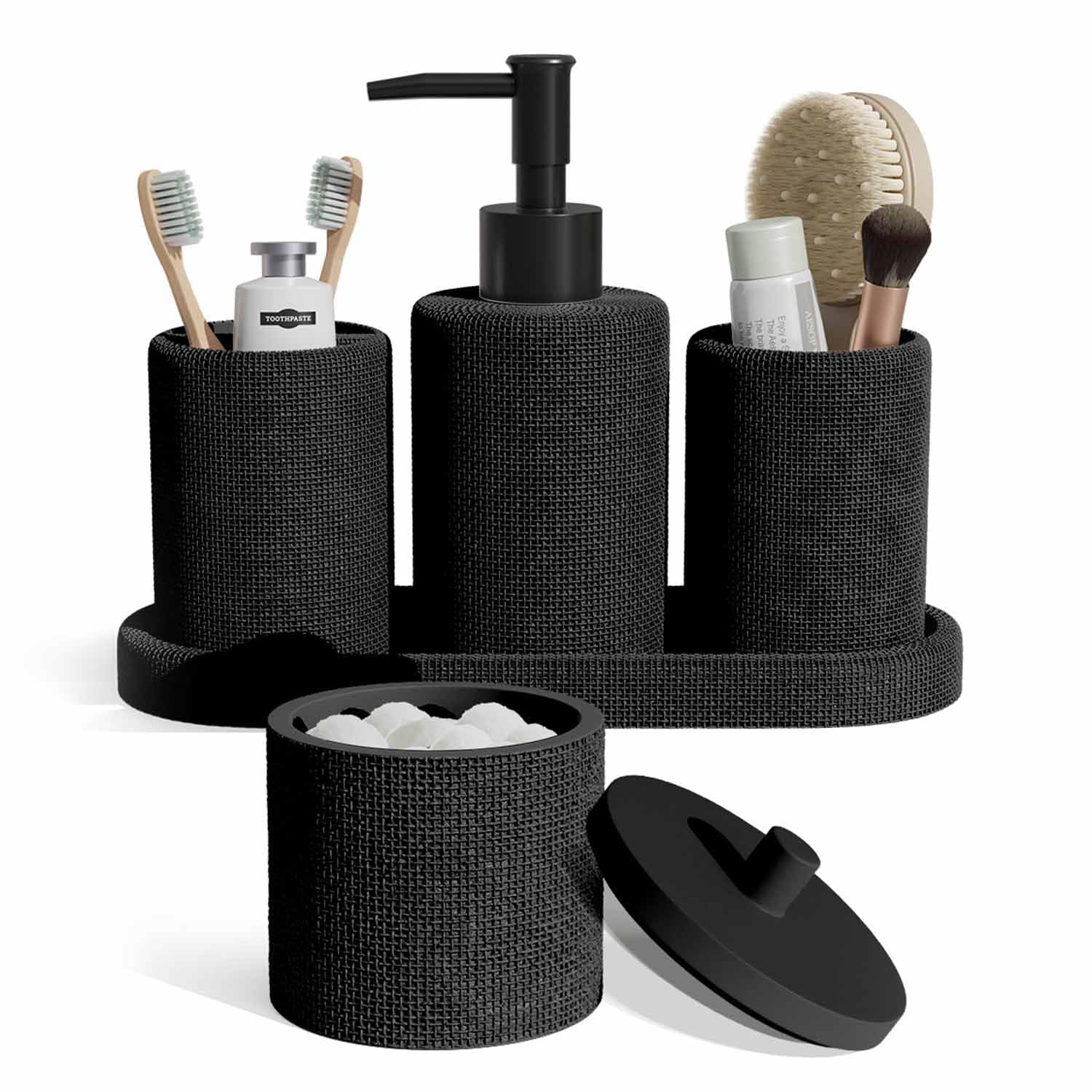 Clara Clark Bathroom Set - Black Bathroom Accessories Set, 5PC Bathroom Accessory Set, Bathroom Sets with Soap Dispenser, Toothbrush Holder, Tumbler, Cotton Swab Jar & Vanity Tray