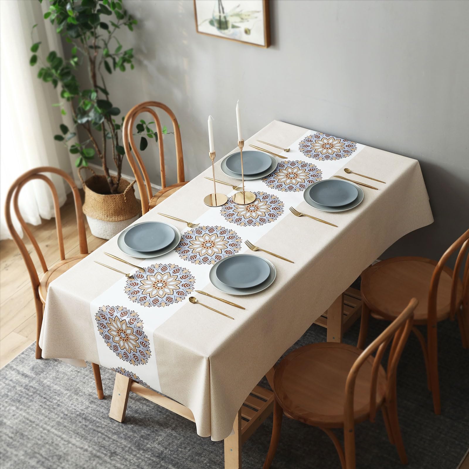 MRIMAYA Waterproof Vinyl Tablecloths,140 * 180cm Heavy Duty Oil Fitted Proof Spill Proof Square Plastic Table Cloth, Wipe Clean PVC Rectangle Table Cover for Farmhouse Indoor and Outdoor Use