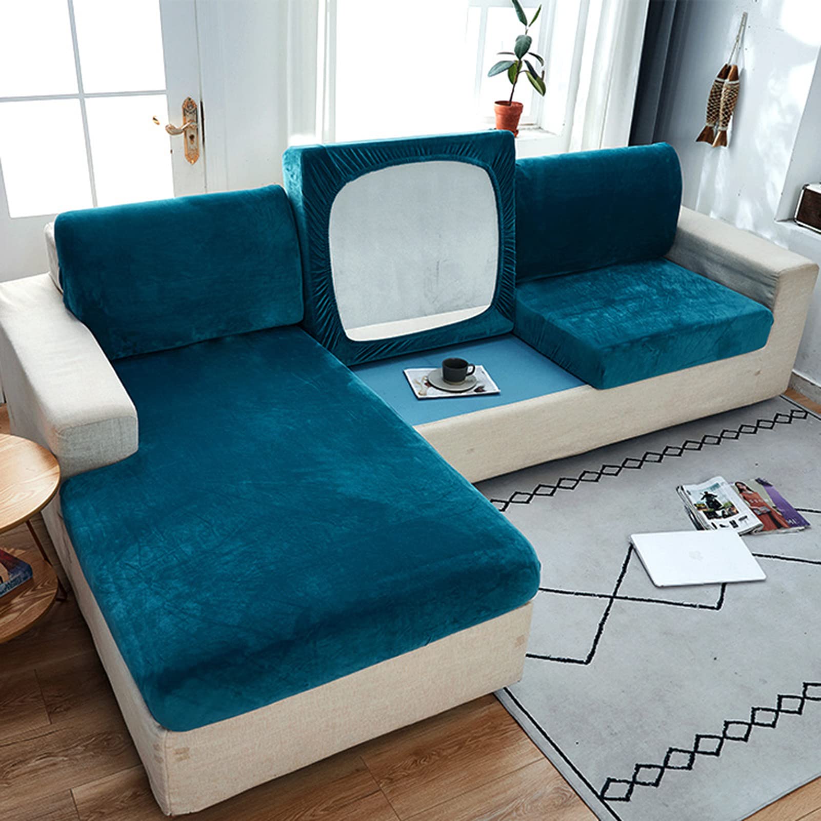 GEBIN Velvet Sofa Cushion Cover, High Stretch Washable Sofa Cushion Slipcover, Fitted Replacement Couch/Settee Cushion Protector for Living Room, Soft Furniture Cover, Teal,Large Chaise-seat