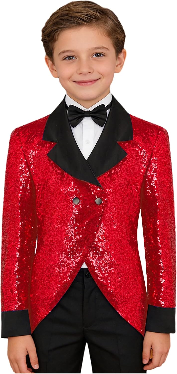 Sywiyi Boys Sequin Tailcoat Kids Tuxedo Boys Slim Fit Long Tailcoat and Bowtie for Prom Wedding Concert