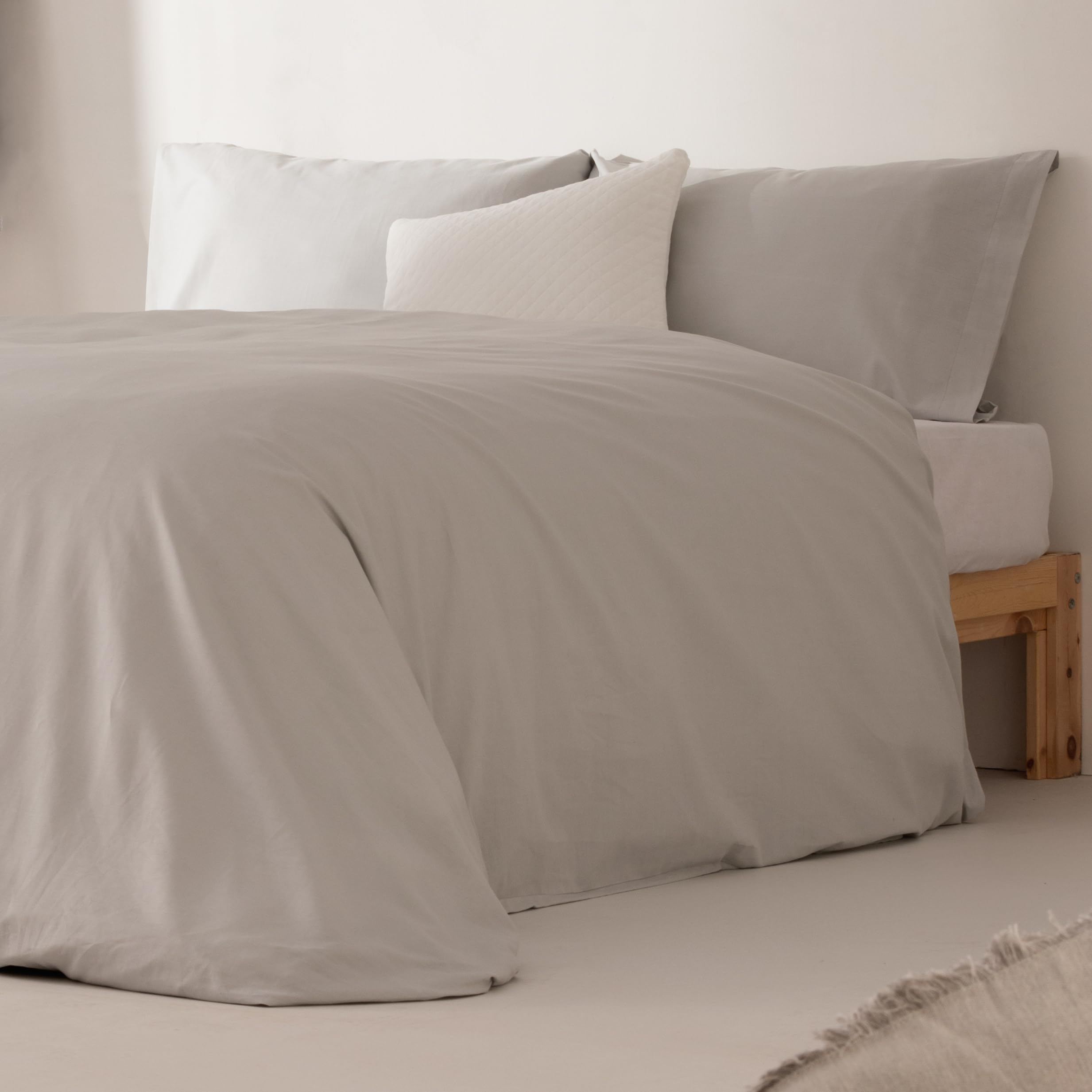Juego Funda Nórdica Cama 150/160, Lisa 100% Algodón, Funda Edredón 240x220 cm y 2 Funda Almohada, Transpirable, Suave, Color Gris Claro