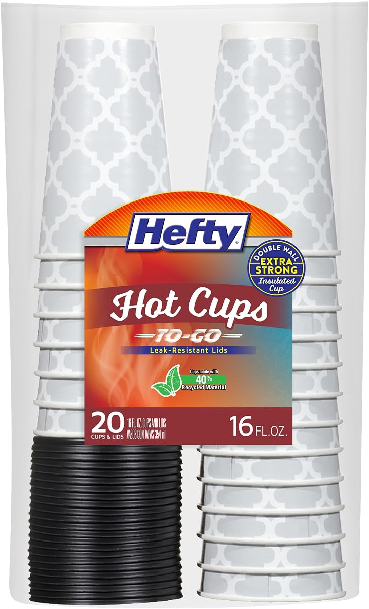Hefty Disposable Hot Cups with Lids, Insulated Paper Coffee Cups for Tea, Cocoa and Hot Beverages, Leak Resistant Single Use Drink Cups, 16 Ounce, 20 Count | Double Wall Insulation, Leak-Resistant, Keeps Beverages Hot On-the-Go, Coffee, Tea, Cocoa, Gray and White Lattice Print