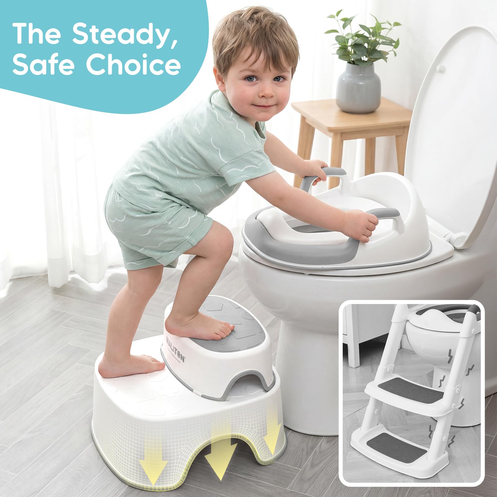 Maliton Toilettensitz Kinder mit 2-stufiger Tritthocker für Kinder 1-8 Jahren, Kindertoilettenkorb mit weichem Sitzring, Rutschfestes Design, Spritzschutz, Weiß-grau