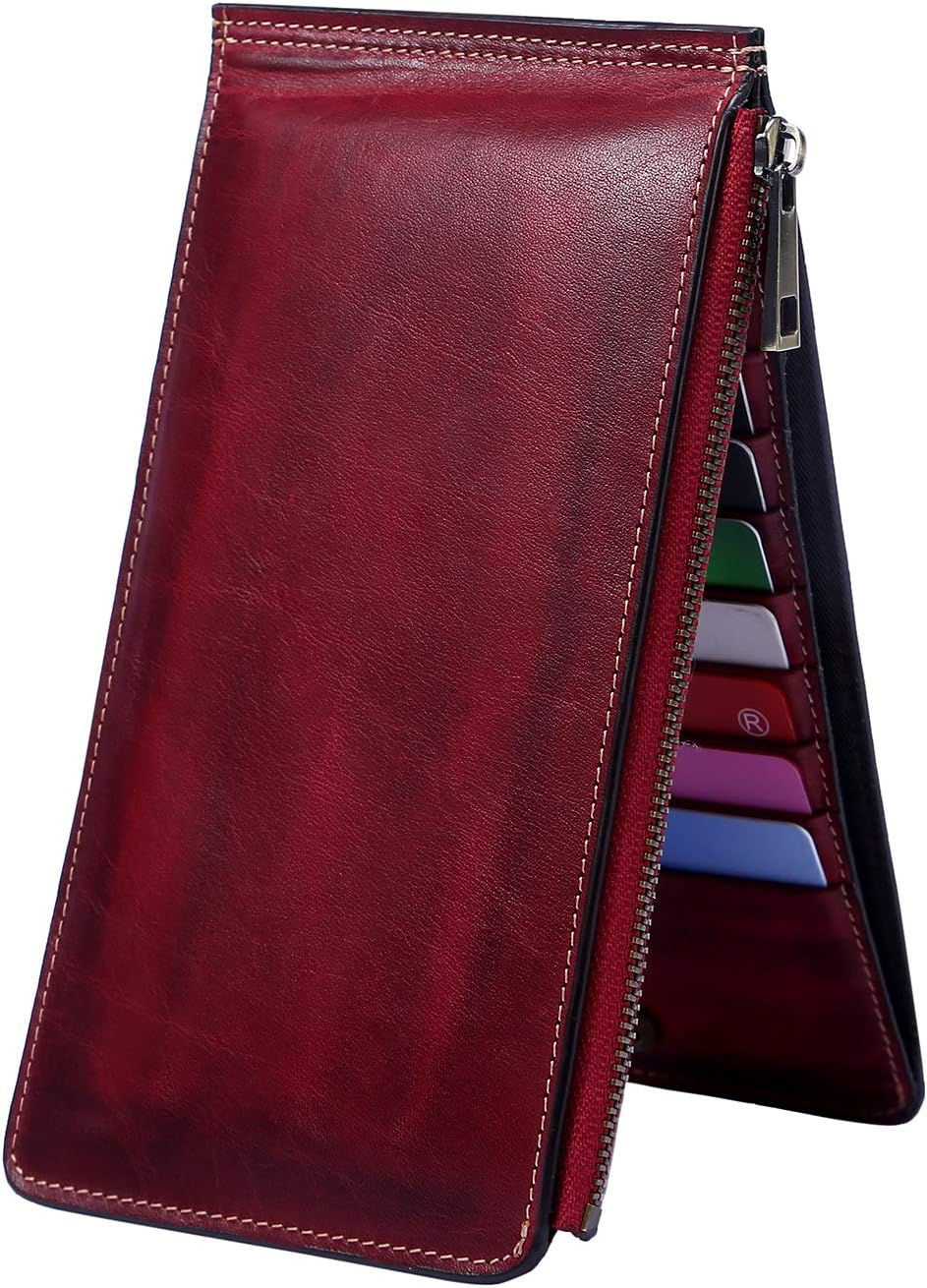 Yafeige Womens Wallet RFID Blocking Bifold Genuine Leather Multi Card Organizer Wallet with Zipper Pocket(Retro Wine Red)