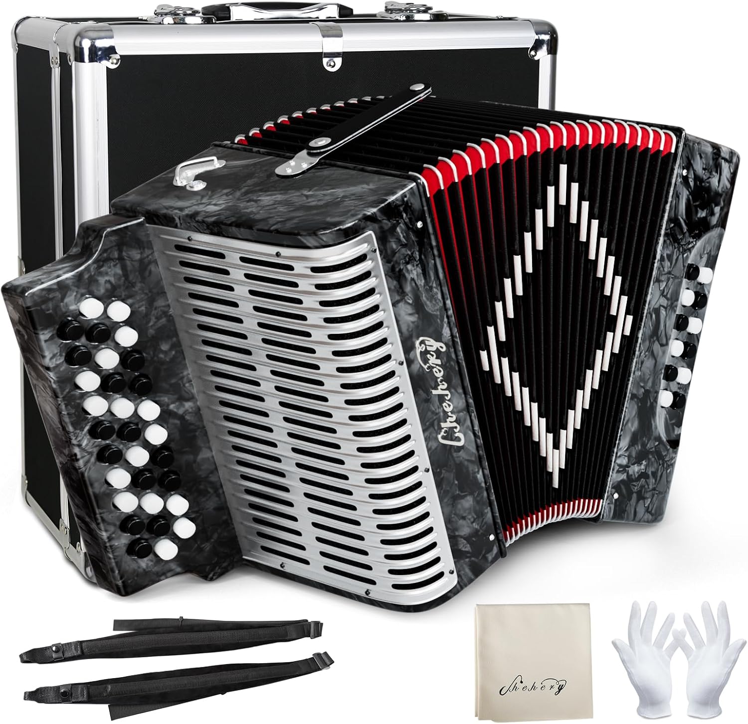 Accordion 31 Key 12 Bass Diatonic G/C/F Tuning Push-Pull Design, Complete Set with Case Strap Gloves Cleaning Cloth, for Beginners Professionals, Folk Music Live Performance Practice Ensemble (Sliver)