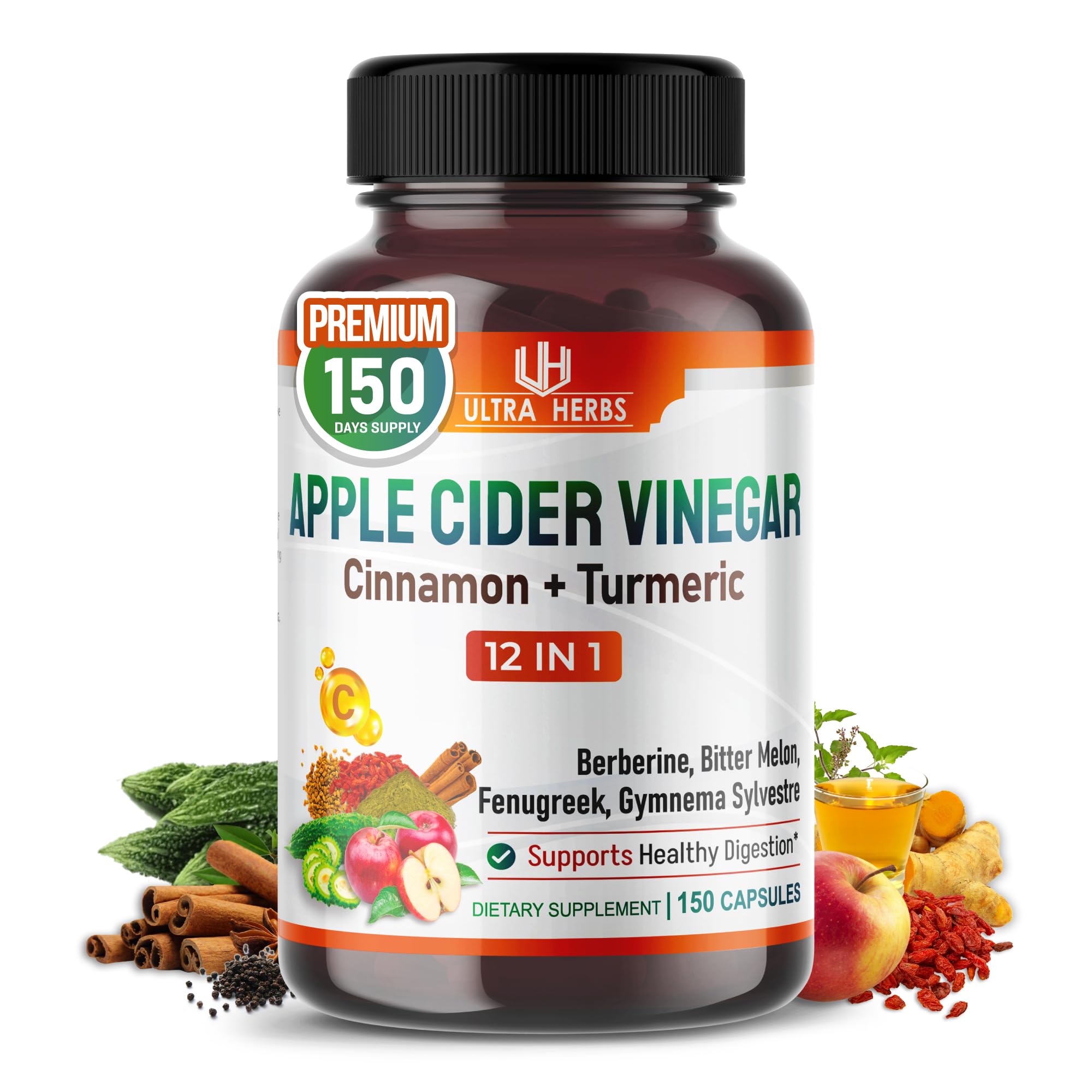 Organic Apple Cider Vinegar Capsules Enhanced with Cinnamon, Turmeric - Ultra Supplement for Digestive, Circulatory, Immunity Support | 150 Capsules
