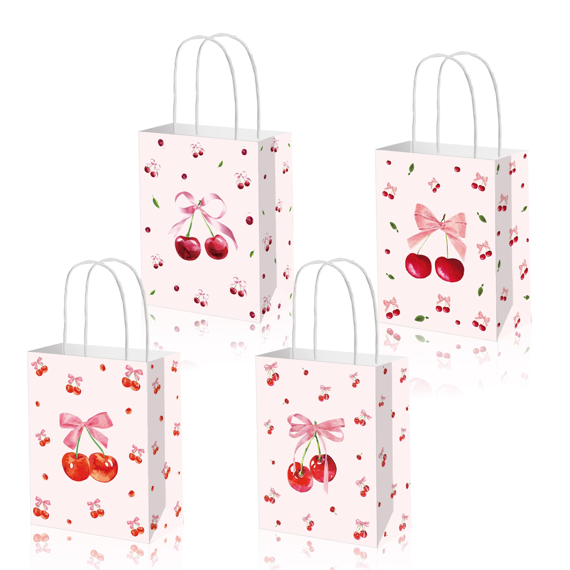 12 Packs Cherry Gift Bags with Handles, 16cmx8cmx21cm Gift Bags for Kids or Adults in Birthday party, Weddings, Events or Shopping (Cherry)
