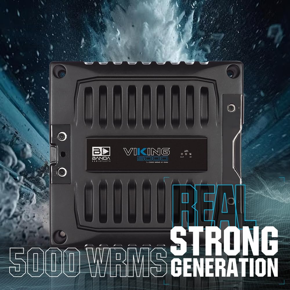 BANDA Audioparts VIKING5000.1 - Amplificador mono de audio para automóvil de 1 canal, 5000 vatios máximo 1 ohmio, con filtro de paso alto y filtro de paso bajo
