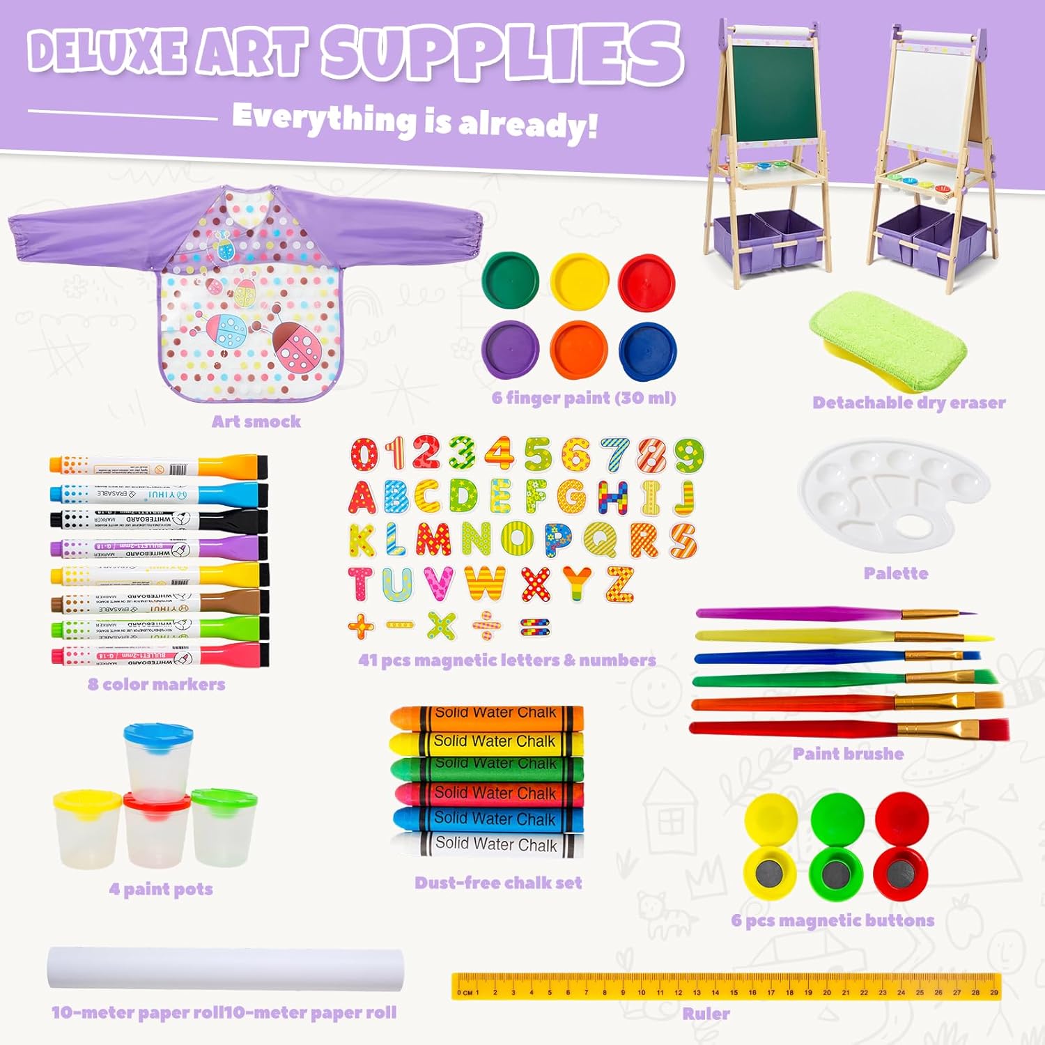 3-in-1 Kids Art Easel Set, Height Adjustable Magnetic Whiteboard & Chalkboard with Painting Paper Roll, Wooden Dual-Sided Art Station for Toddlers & Children Ages 3-8 (Art Supplies Included)